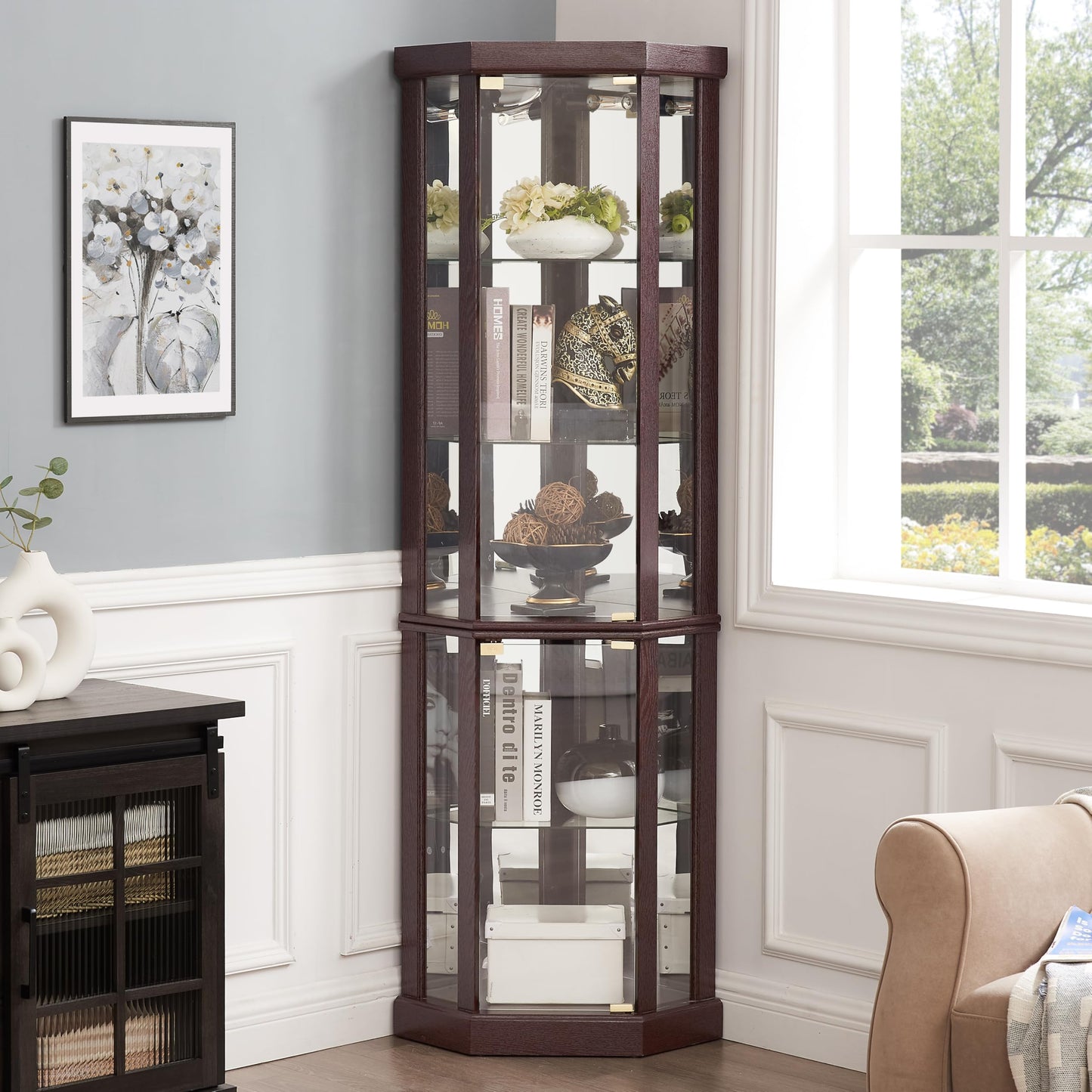 TRUNBACK Corner Curio Cabinet, 150lbs Heavy Duty Glass Display Cabinet with Light, 70" Tall 5-Tier Wine Bar China Cabinet with Tempered Glass Doors & Mirrored Back for Collectibles, Dark Cherry