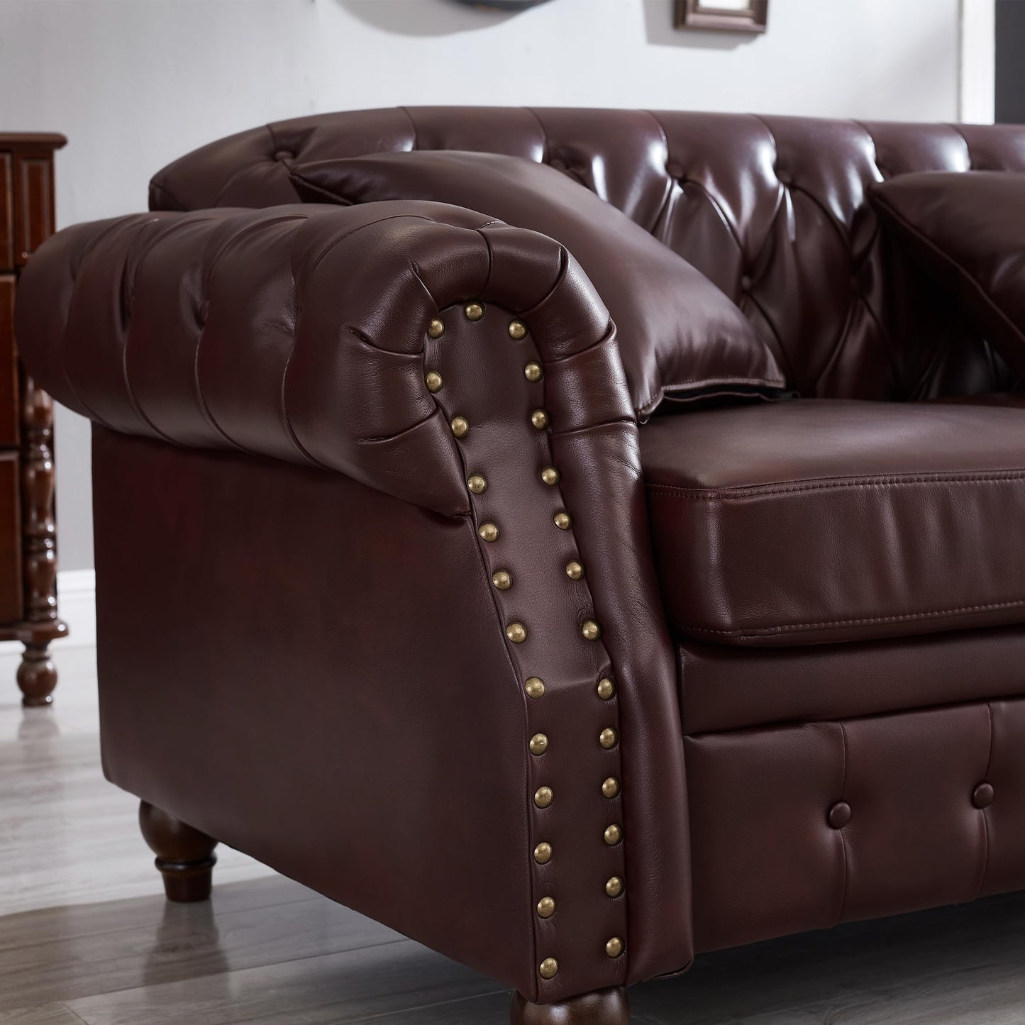 GDFStudio 86" Mid-Century Modern Chesterfield Sofa with Storage, 3 Seater Deep Seat Upholstered Faux Leather Couch with Tufted Back and Nailhead Trim, Rolled Arm Accent Sofa for Living Room, Burgundy