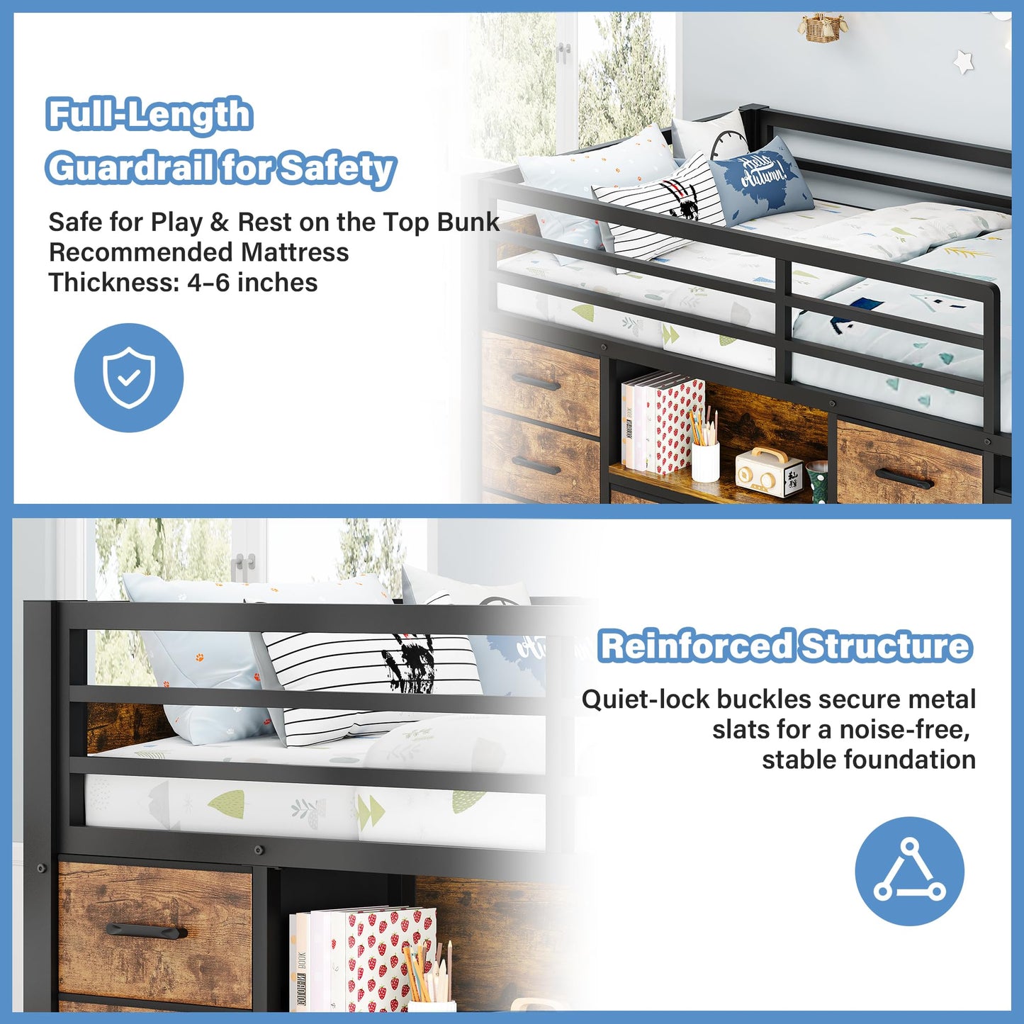 iPormis Low Loft Bed Twin Size with Bookcase, 8 Storage Drawers, Metal Kids Loft Bed with 13 Inch H Safety Guardrail, Play Curtain, Under-Bed Play Space - Rustic Brown