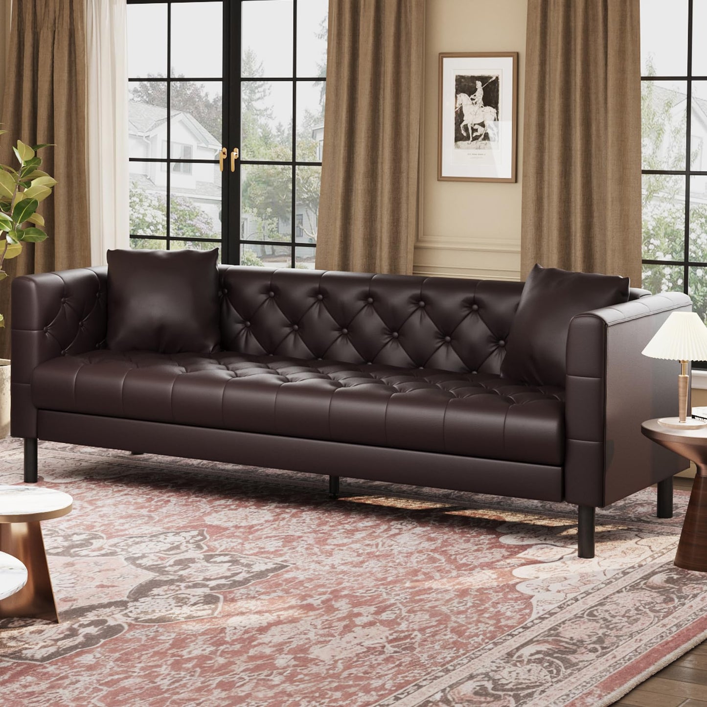 Garvee 81 in Leather Couch for Living Room, Modern Leather Sofa with Deep Seat, Handmade Button Tufted 3 Seater Sofa, Chesterfield Couch for Apartment or Office, Dark Brown