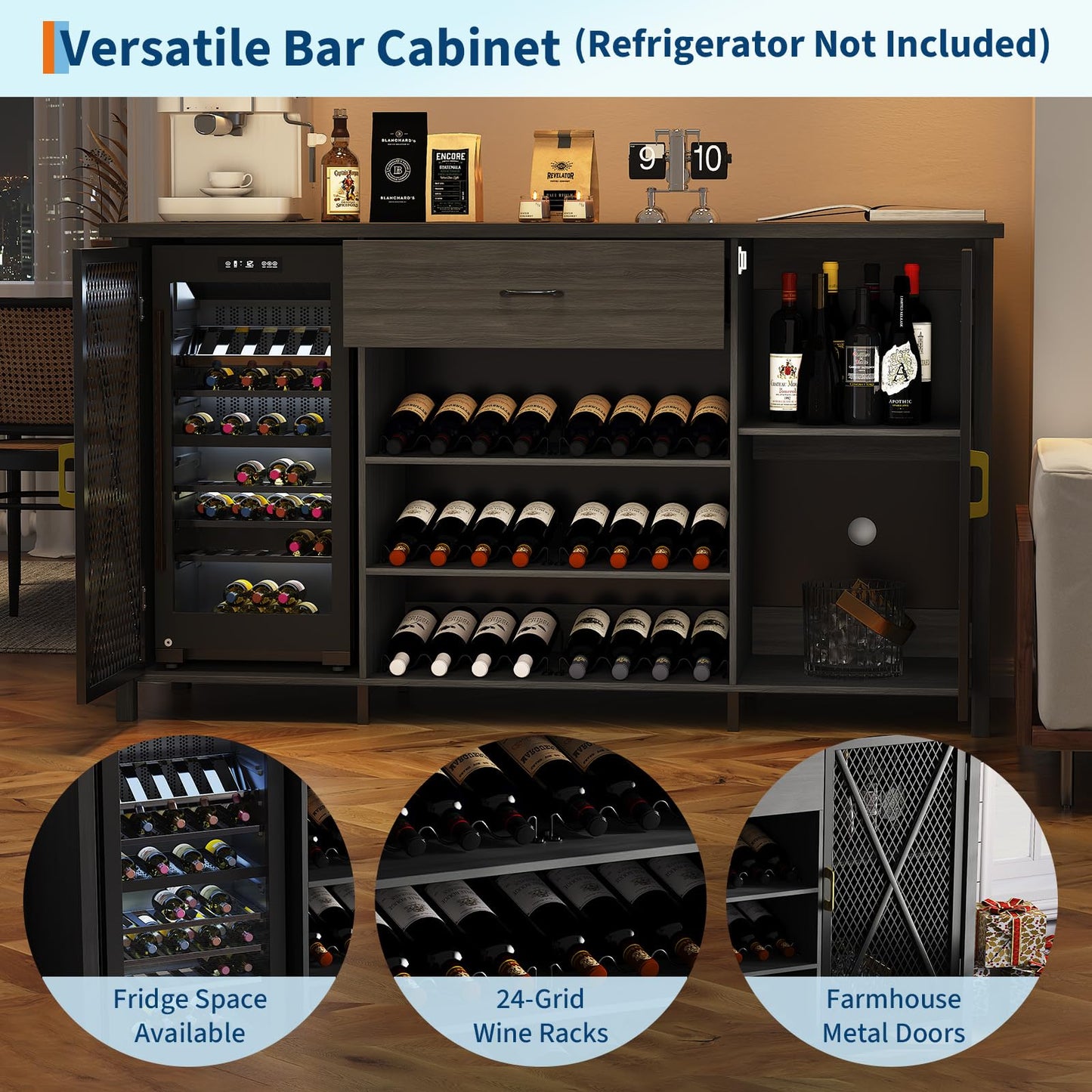 IDEALHOUSE 71'' Wine Bar Cabinet, Modern Buffet Cabinet with Storage Drawer and Adjustable Shelf, Industrial Coffee Bar Table with Wine Racks for Kitchen, Dining Room, Living Room, Black