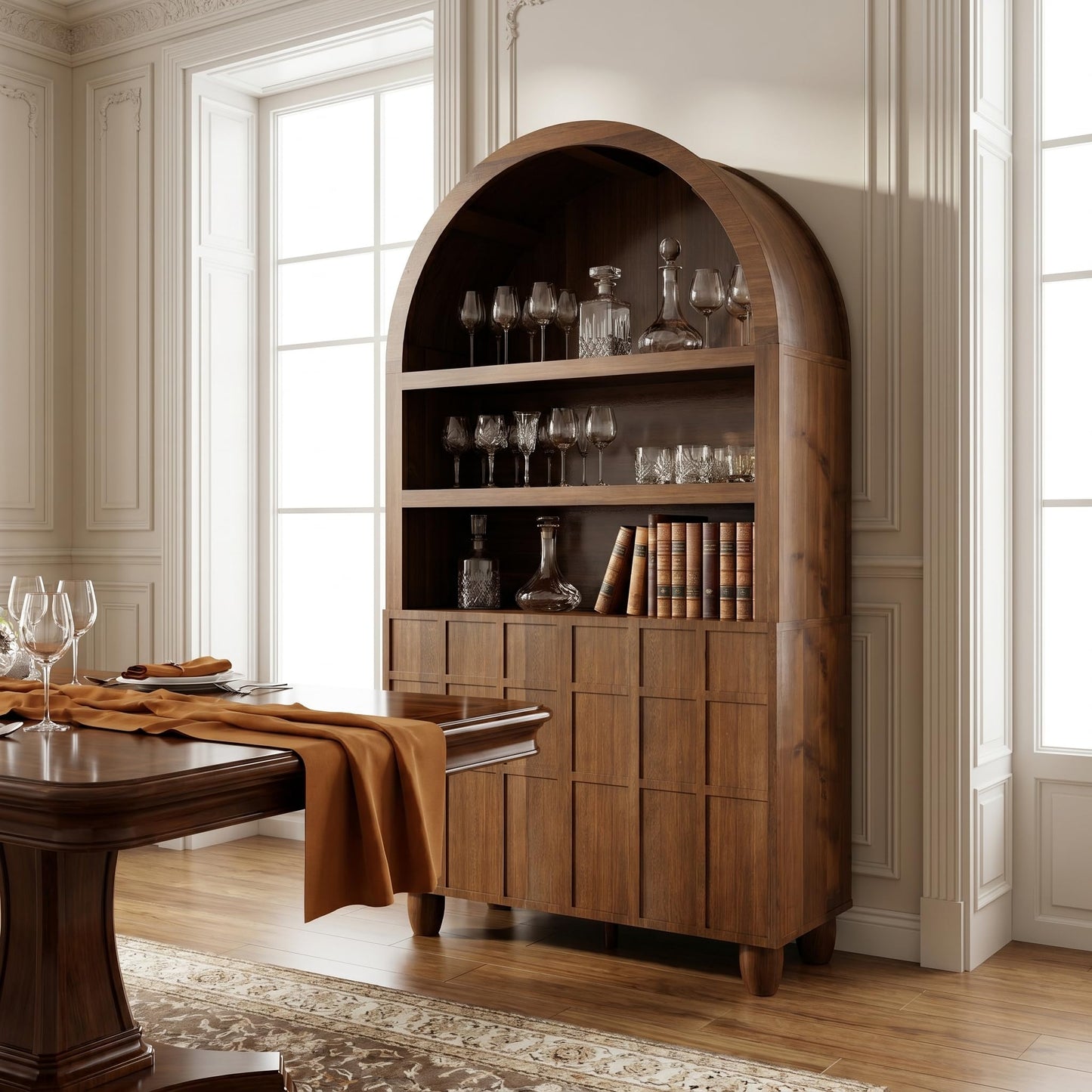 NicBex 71'' Tall Arched Cabinet with Fluted Door, Display Cabinet with Adjustable Shelves Display Cabinet, Mid Century Modern Round Top Cabinet for Living Room, Office, Entryway, Walnut