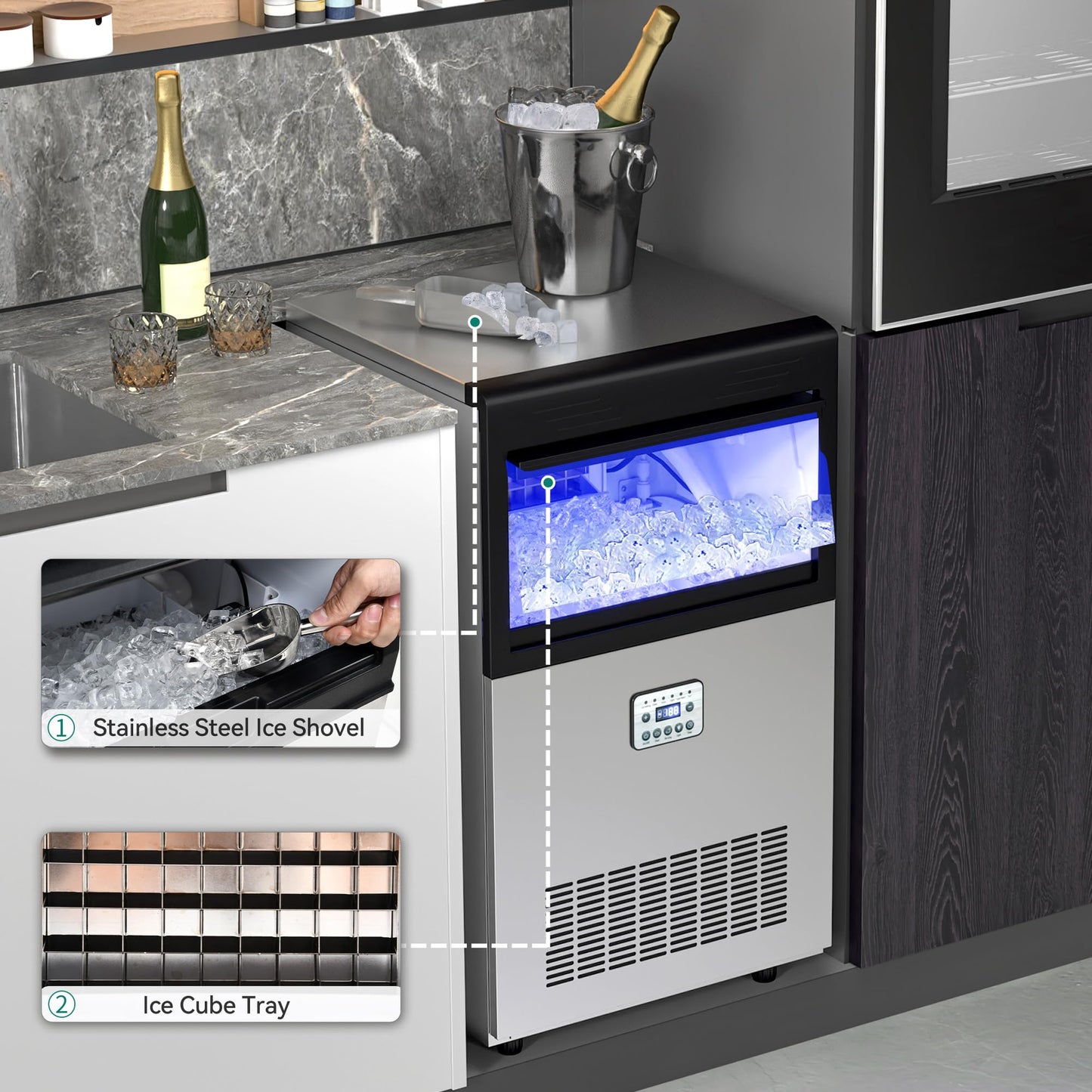YITAHOME 100lbs Ice Maker Machine Commercial Under Counter Ice Maker, ETL & DOE Certificated Commercial Large Ice Makers Freestanding for Home Cafe Bar Restaurant 45pcs with 33lbs Storage Bin
