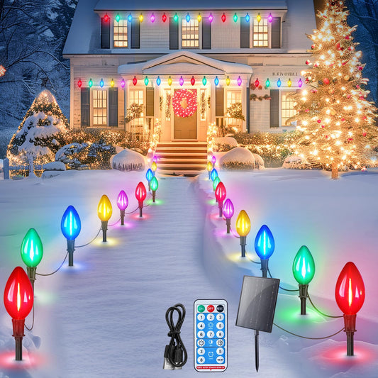 Minetom Solar C9 Christmas Pathway Lights - 16FT, 10 LED, 8 Modes, Multicolor, Outdoor Decorations