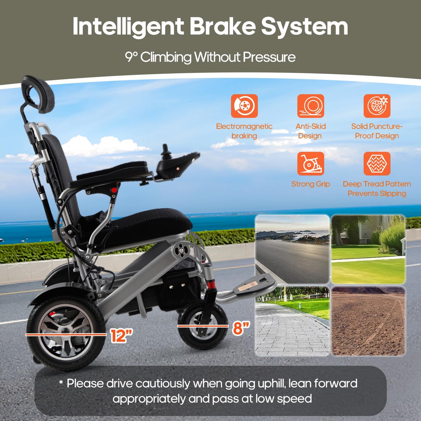 Reclining Electric Wheelchair for Adults Foldable Power Motorized Wheelchair Reclining Backrest All Terrain Electric Wheelchair for Seniors Portable Airline Approved Sliver
