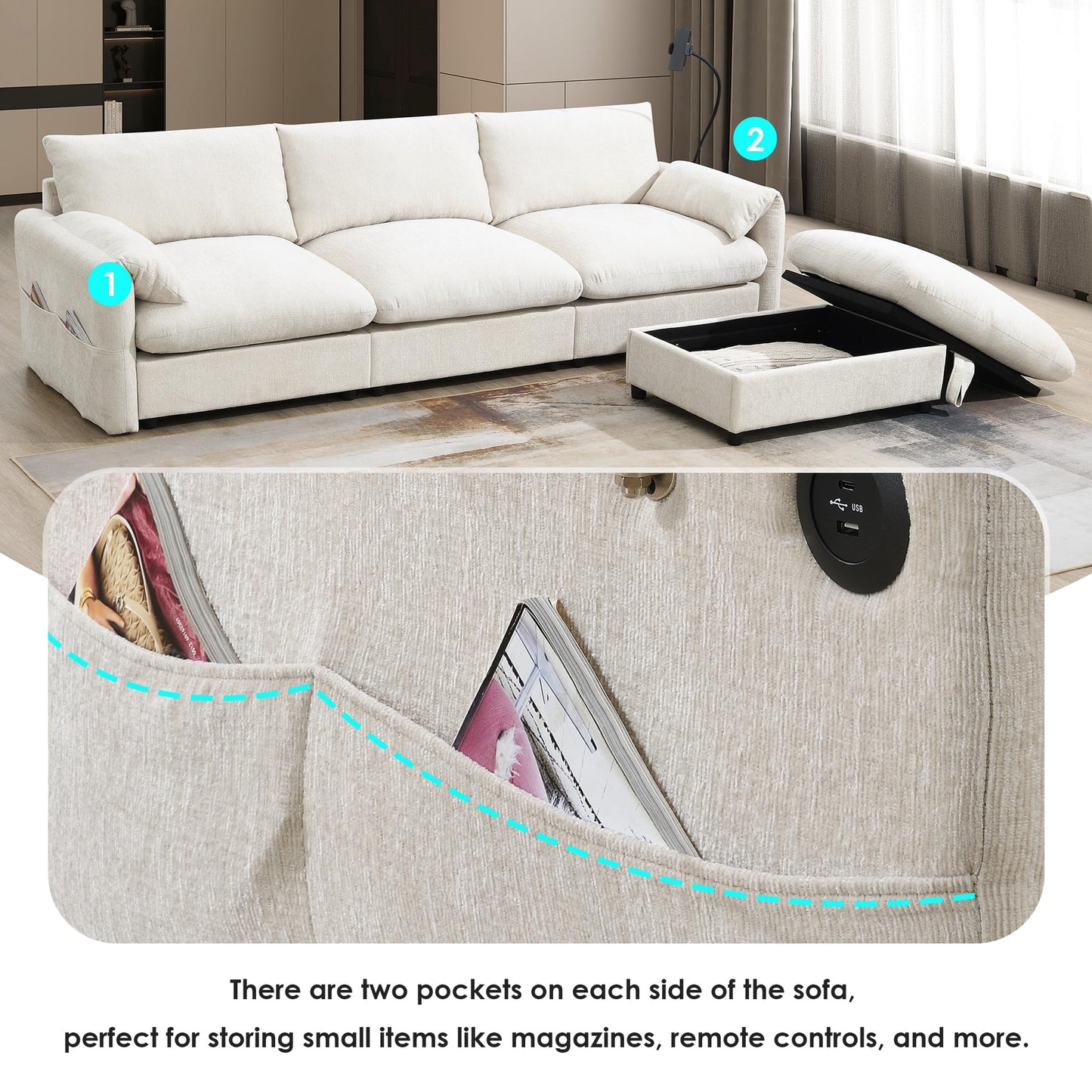 Merax Modern Chenille Sectional Sofa with Storage Ottoman, USB Charging Port & Phone Holder, L-Shaped 4-Seat Couch Set with Deep Seat for Living Room, Apartment, Beige