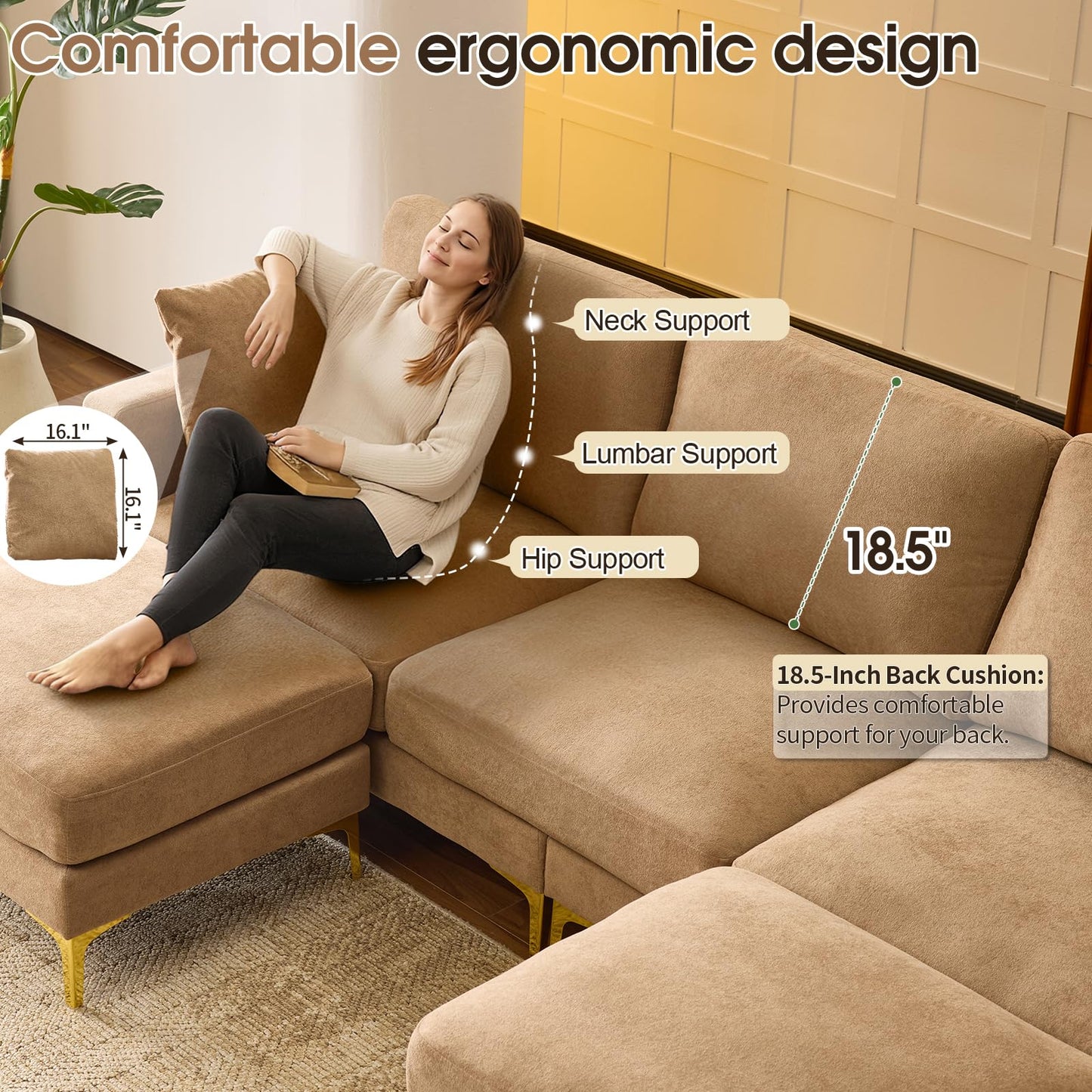 VINGLI 100" W U Shaped Couch with Ottoman, 22" Deep Seat Comfortable Sectional Couches for Living Room, 3 Seater Chenille Fabric Cloud Sofa for Apartment, Small Spaces, Bedroom, Khaki