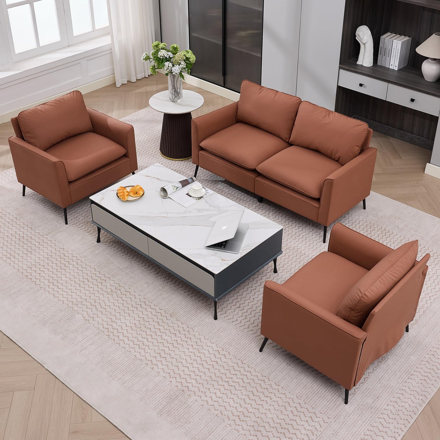 KEIKI Faux Leather Loveseat, Mid Century Modern Comfy Sofa Couch, Mini Deep Seat 2-Seater Settee Loveseat Couches for Office Living Room Bedroom Apartment Dorm Small Space, Brown