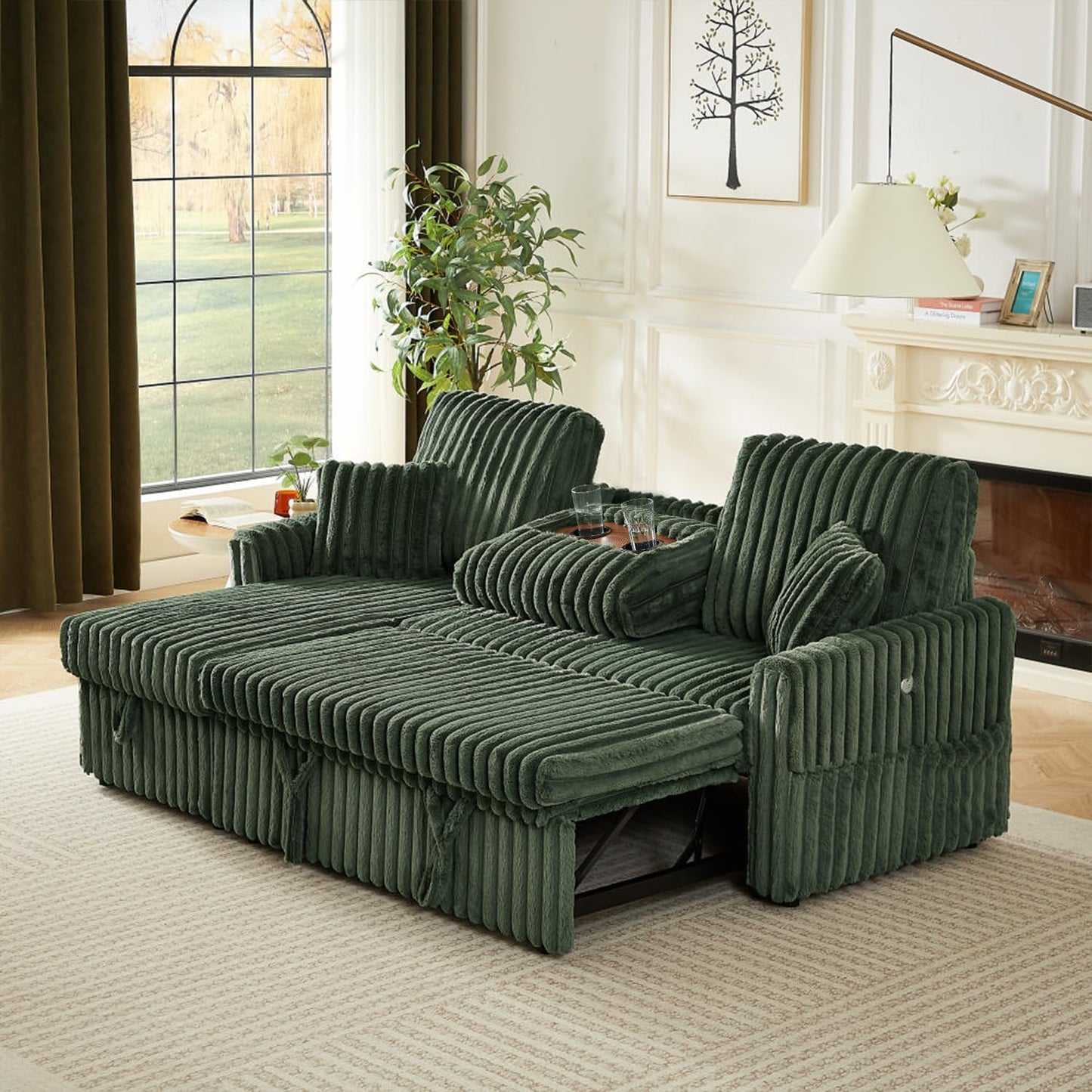 KCGKCG Sleeper Sofa Bed, 81” Pull Out Couch Bed with Reversible Storage Chaise, 3 in 1 L-Shaped Couch with Charging Station, Cup Holder, Side Pocket, Plush Corduroy Couches for Living Room(Green)
