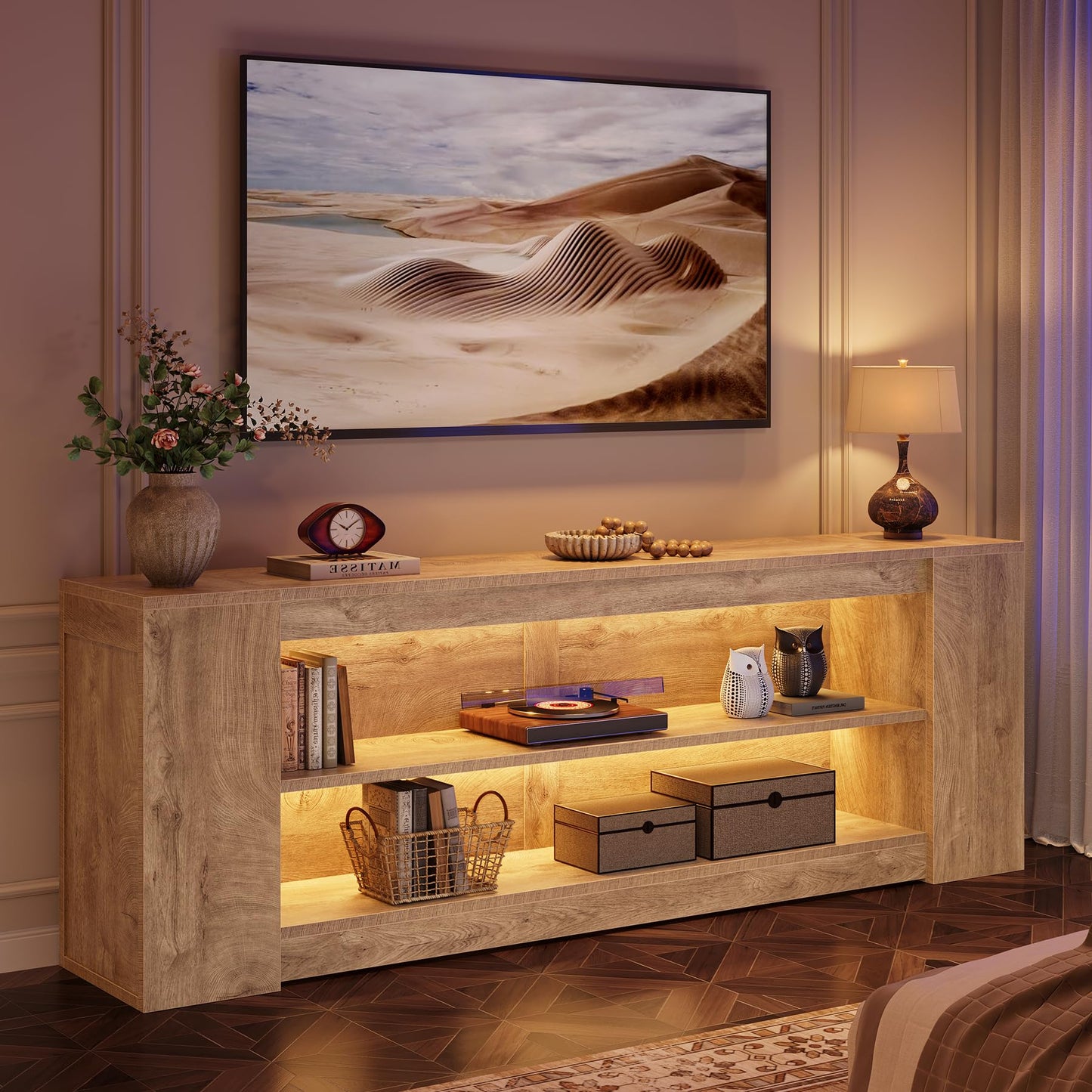 Tribesigns 78" LED Light TV Stand for TVs up to 90 Inches, 3 Tiers Farmhouse Entertainment Center with Open Storage Shelves, Media Console Table for Living Room, Bedroom, Rustic Brown