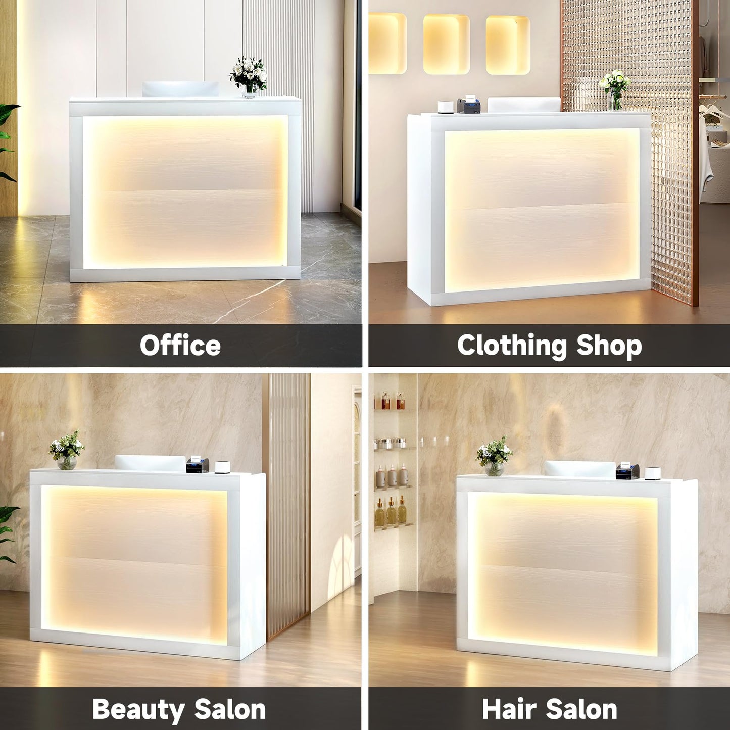 TC-HOMENY Reception Desk with LED Lights, 55'' Retail Counter Modern with Storage Shelves and Cable Grommet, Front Table, Salon Desk, Office Table,White