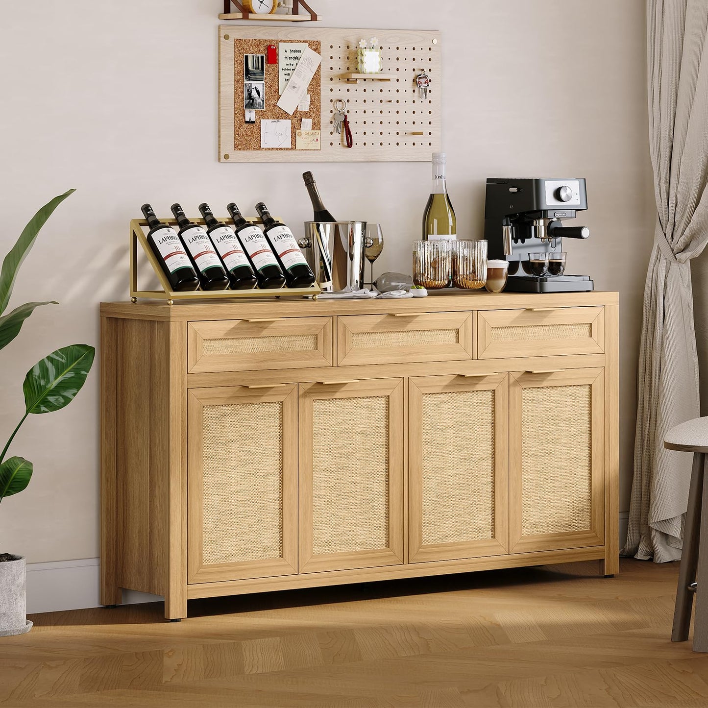 Garvee 63in Sideboard Buffet Cabinet with Storage, Rattan Farmhouse Credenza Coffee Bar Cabinet with 3 Drawers 4 Doors and Adjustable Shelves for Dining Room Kitchen