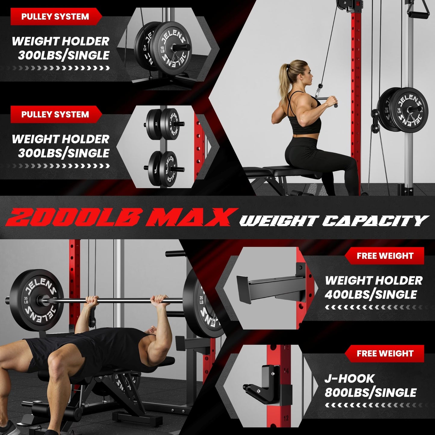 JELENS C21 Power Cage, 2000LBS Multi-Function Power Rack with Independent Dual Pulley System, All-in-One Squat Rack for Cable Crossover, Home Gym Workout Machine (Red, Home Gym Package)