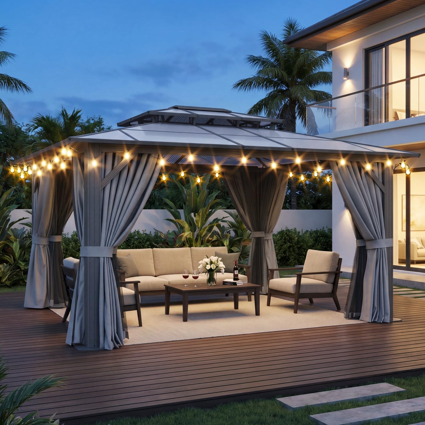 Breezestival 12’x14’ Hardtop Gazebo with Double Polycarbonate Roof Outdoor Metal Gazebo Sturdy Aluminum Frame & Removable Curtains, Netting Permanent Pavilion Pergola for Garden,Patio,Lawn (Gray)