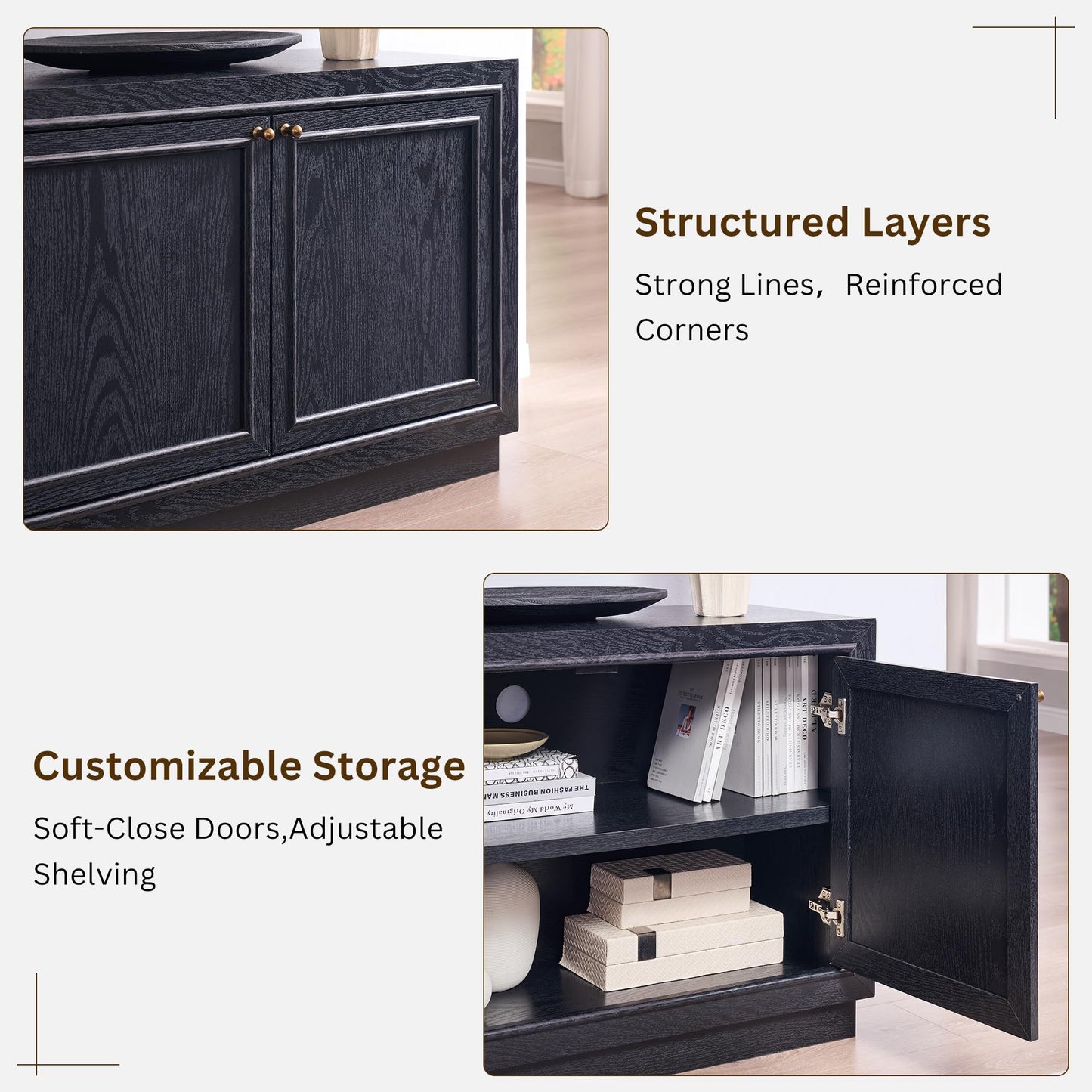 ACCOHOHO Farmhouse TV Stand, 68" Entertainment Center with 2 Base, Media Console Table for Living Room, TV Console with Storage Cabinets, for TV up to 75 Inches,Charcoal Black