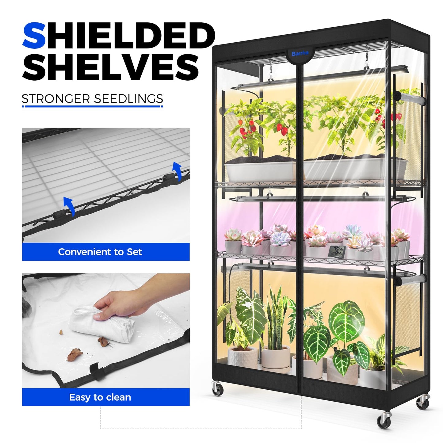 Barrina LP900 Mini Greenhouse with Grow Lights, 4-Tier Plant Stand with 135W TX-S45 3FT 3 Adjustable Full Spectrum Lights , Plant Shelf with Tent Timer & Thermometer for Seed 35.4 x 13.8 x 59.1IN