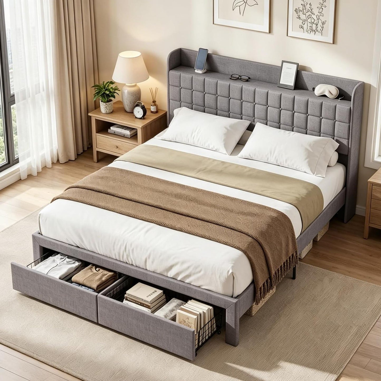 OLIXIS Queen Size Bed Frame with Headboard, Upholstere Platform Bedframe with 2 Fabric Underbed Storage Drawers, Mattress Foundation with Wooden Slats Support, Easy Assembly, Gray