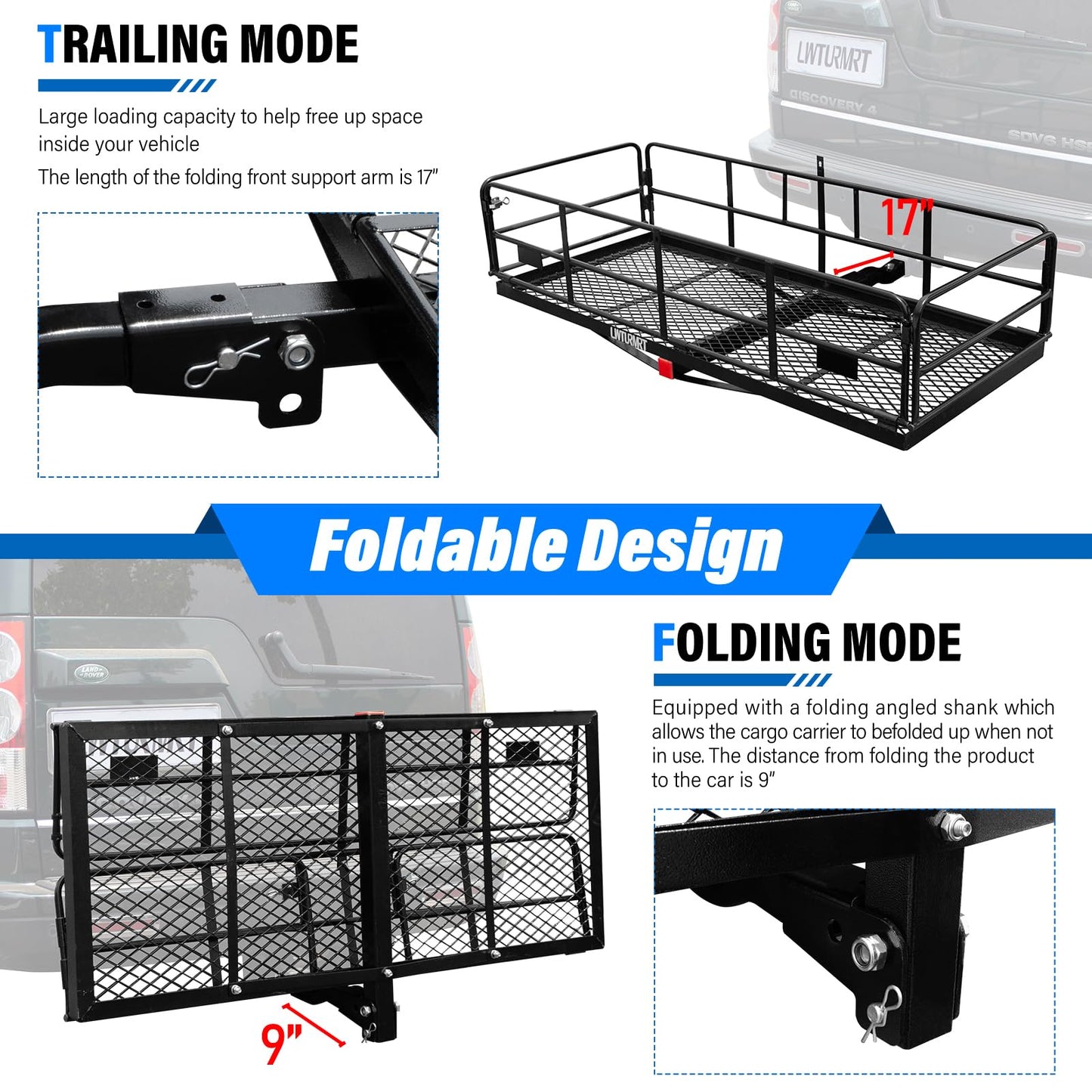 LWTURMRT Trail Hitch Mount Cargo Carrier Basket 58" x 24" x 14" Folding Vehicle Cargo Baskets Fits 2" Receiver with 2" Hitch Stabilizer for SUV can Holder 500LBS (14" high Black+Bag)