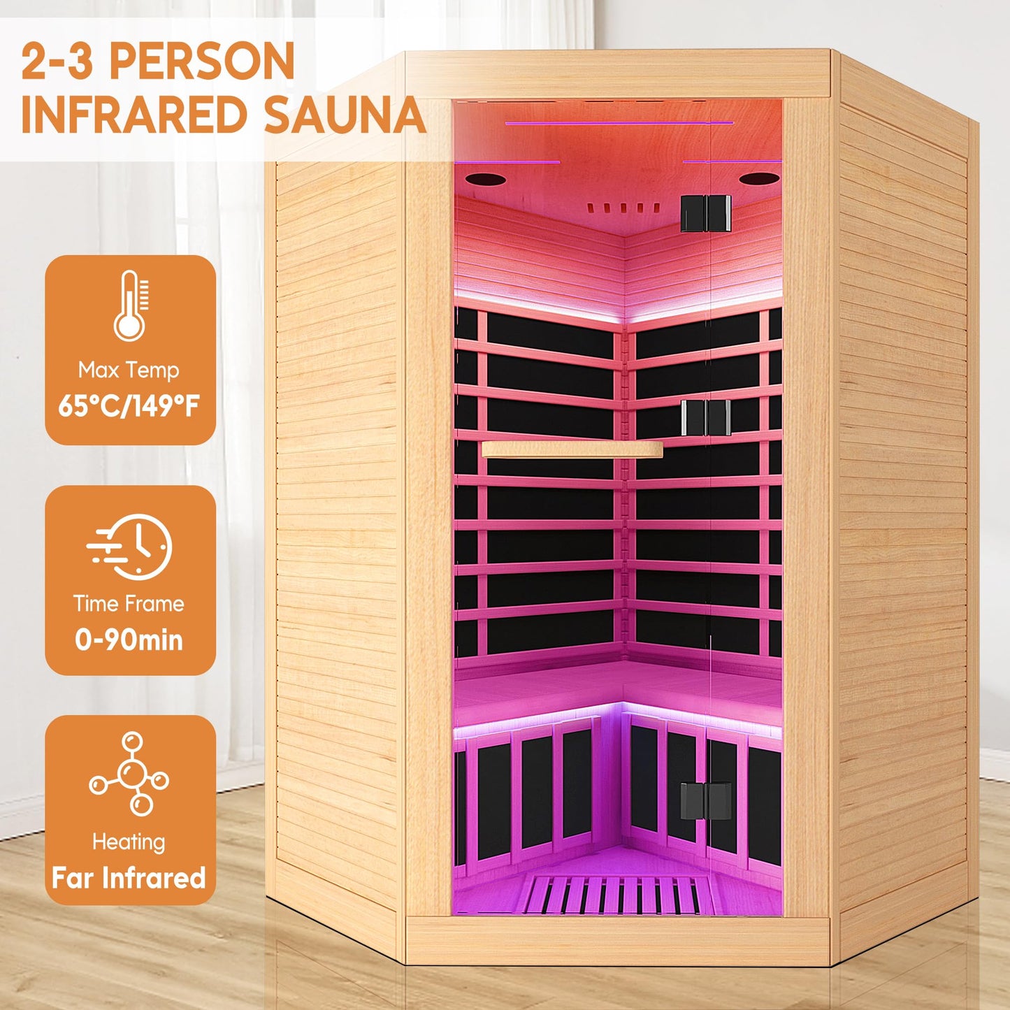 RIGO 2-3 Person Infrared Sauna Cabin — 2180W Home Dry Sauna Cabin with Bluetooth Speaker, Low Electromagnetic Radiation Spruce Wood Interior Dimensions: 47.2 x 47.2 x 74.8 inches