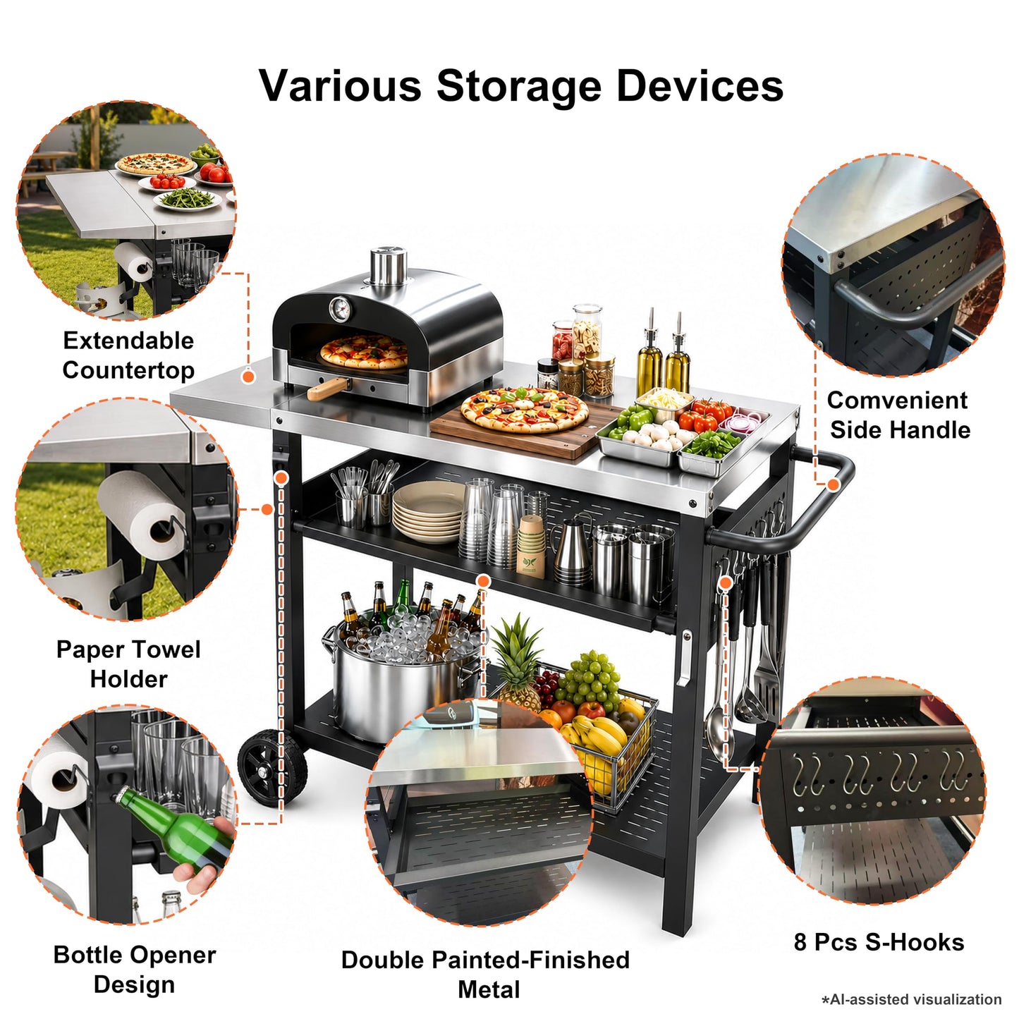 Outdoor Grill Cart for Blackstone/Ooni/Ninja, 43.3"x20" Stainless Steel Outdoor Grill Table with Propane Tank Mount & Wheels, Movable Outdoor Cooking Table with Storage for Pizza Oven, Patio, Camping