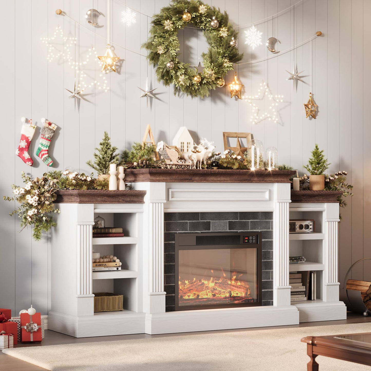 GarveeHome 71'' Fireplace TV Stand with 23'' Electric Fireplace, Mid Century TV Console, Entertainment Center with Storage for Living Room, Bedroom
