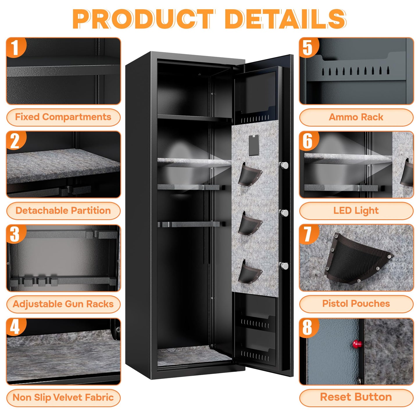 [No Assembly Required]8-12 Fingerprint Gun Safe for Rifles and Pistols,Gun Safes for Rifle and Password Lock, Gun Cabinet for Home with Adjustable Shelves, Biometric Heavy Duty Long Gun Safe,57" High