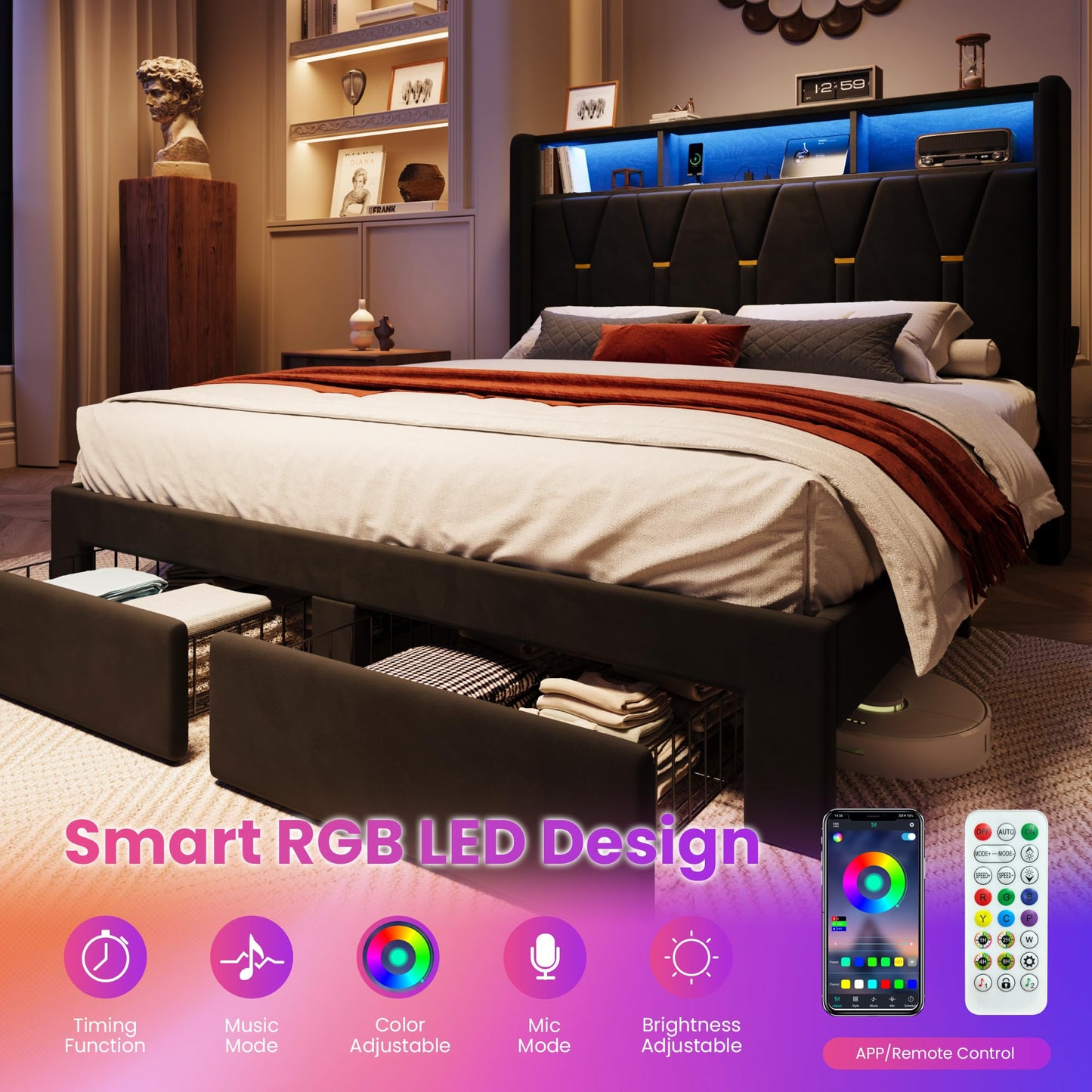 SHA CERLIN Full Velvet Platform Bed Frame with 2 Storage Drawers, LED Storage Headboard with Charging Station, Upholstered Wingback Headboard, Noise-Free, No Box Spring Needed, Easy Assembly, Black