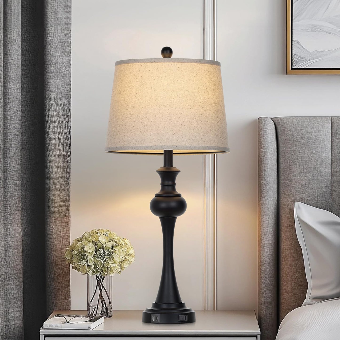 CINSARY Modern 3-Way Dimmable Table Lamp Set of 2, Black Metal with Beige Fabric Shade, USB A+C Ports, Model TD-CS-556
