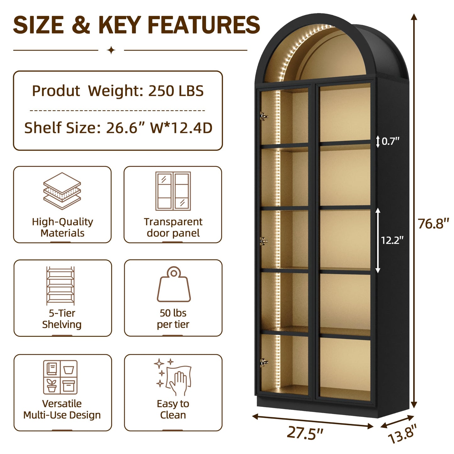 Wildhome Wooden Curio Cabinet with Acrylic Glass Door,77" Tall Arch Display Cabinet & Perfume Organizer with LED Light,Showcase for Collections,Perfume,Vinyl Albums,Bookcase (Arched top-Black, Large)