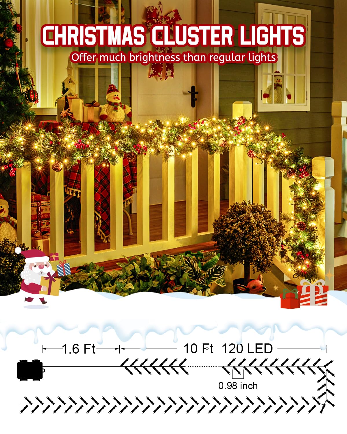 Minetom Christmas Cluster Lights, 10Ft 120 LED, Waterproof Twinkle, 4 Pack, Warm White