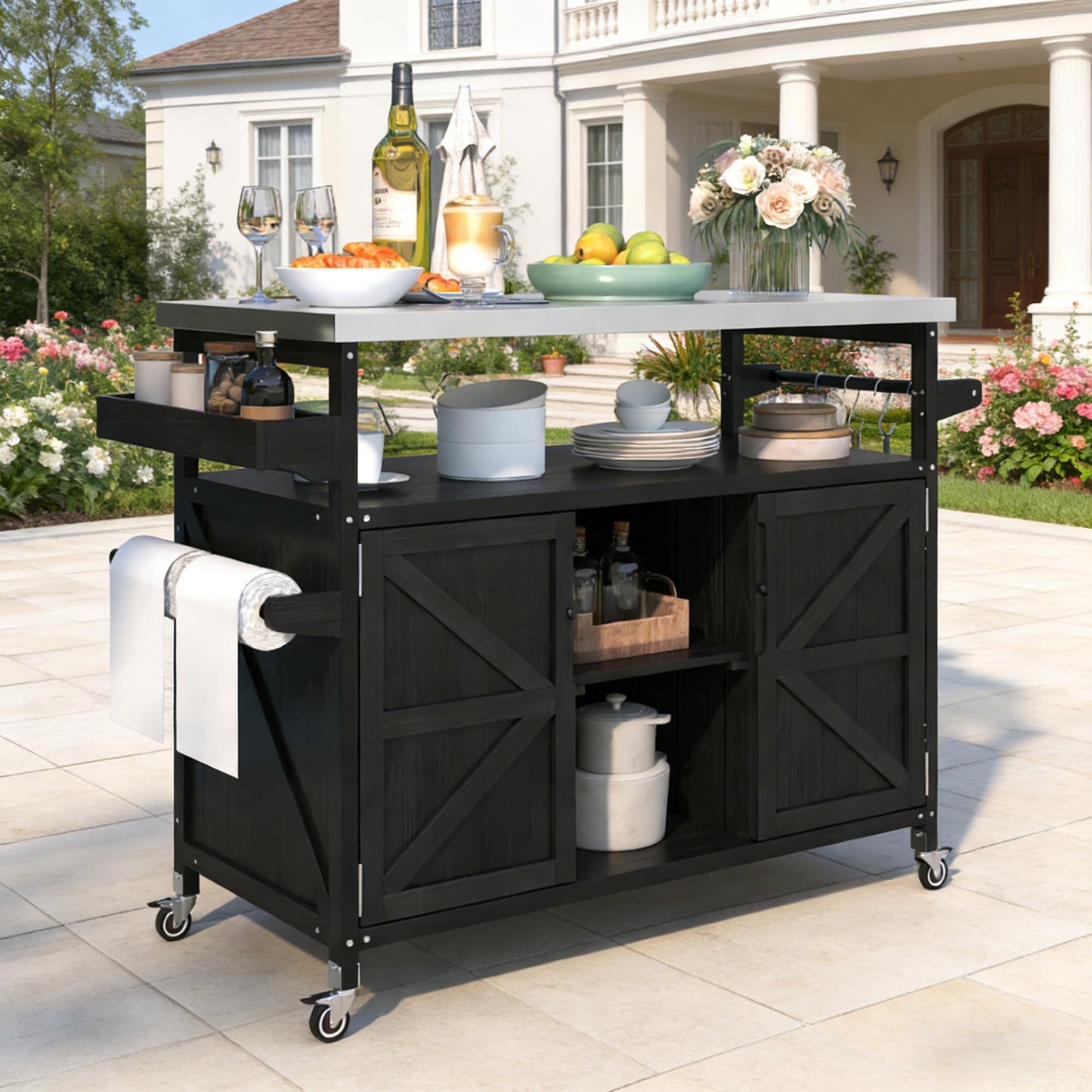 Bellemave Outdoor Kitchen Island with Stainless Steel Top, Rolling Bar Cart & Storage Cabinet, Outdoor Grill Cart with Spice & Towel Rack, Rolling Island Table for Kitchen & BBQ, Black