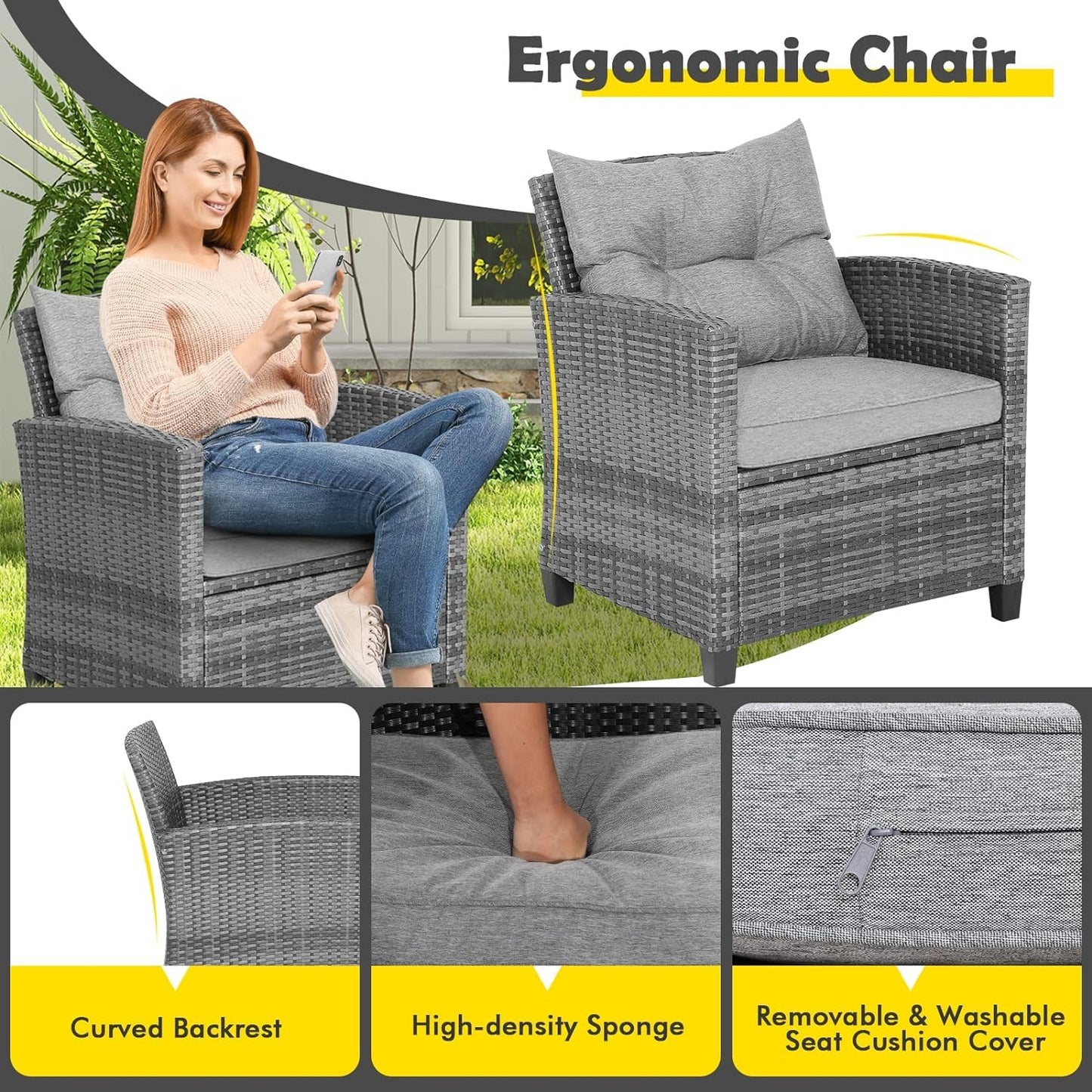 LDAILY Patio Furniture Set, 3 Pieces PE Rattan Wicker Patio Sofa Chairs with Washable Cushion & Glass Table, Outdoor Furniture Conversation Sets for Porch, Balcony, Garden, Poolside (Gray)