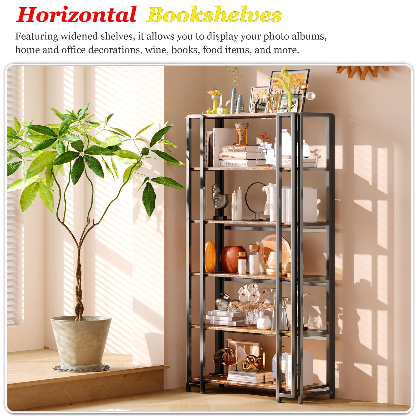 UDD 6 Tier Wide Folding Bookshelf No Tools Assembly, 55.5" H x 30.9" W, Foldable Book Shelf Vintage Collapsible Bookcase, Industrial Storage Shelves for Bedroom Office Living Room, Rustic Brown Black