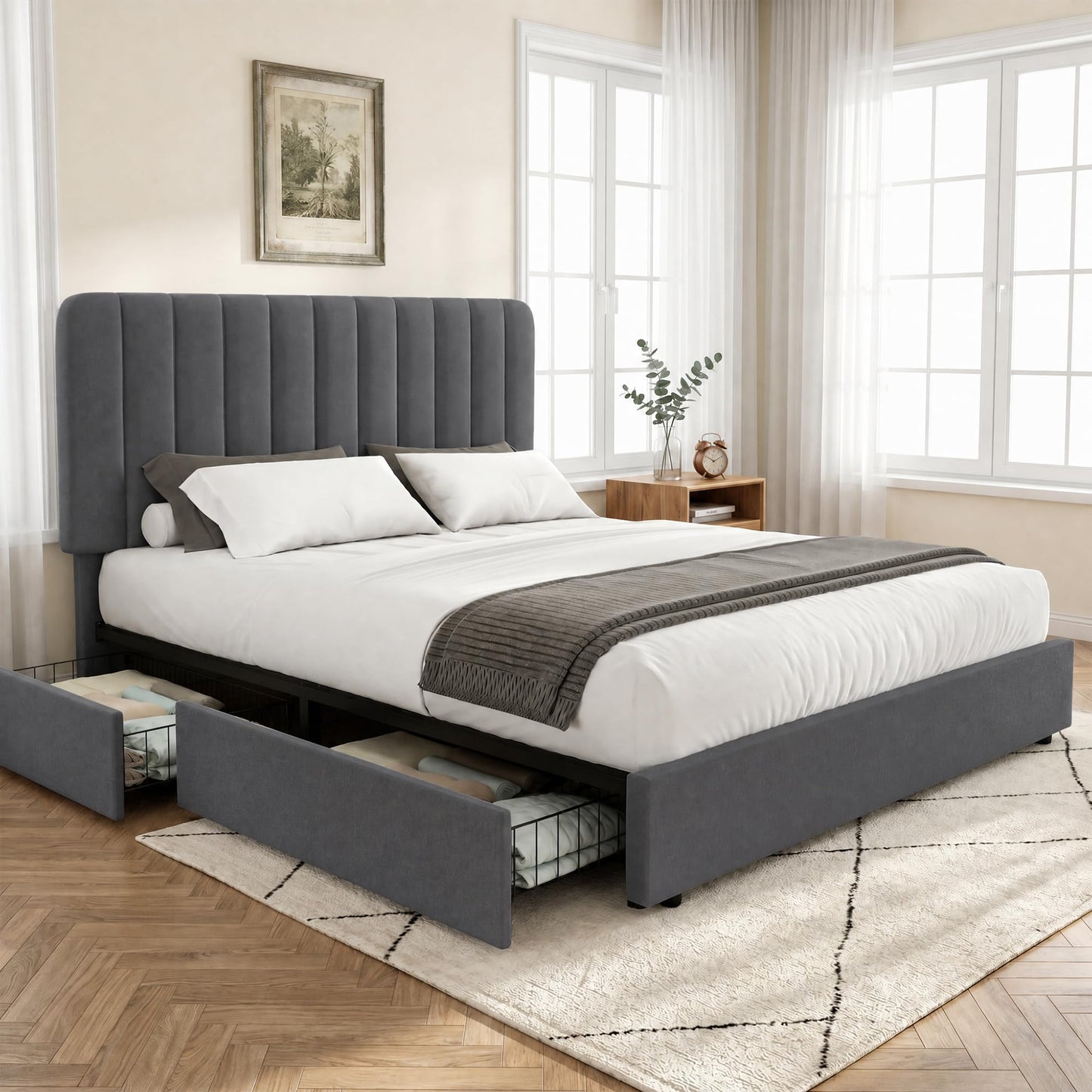 VECELO Queen Size Upholstered Bed Frame with 4 Drawers and Headboard, Velvet Platform Storage Bedframe, Wooden Slats Support, No Box Spring Needed,Dark Grey
