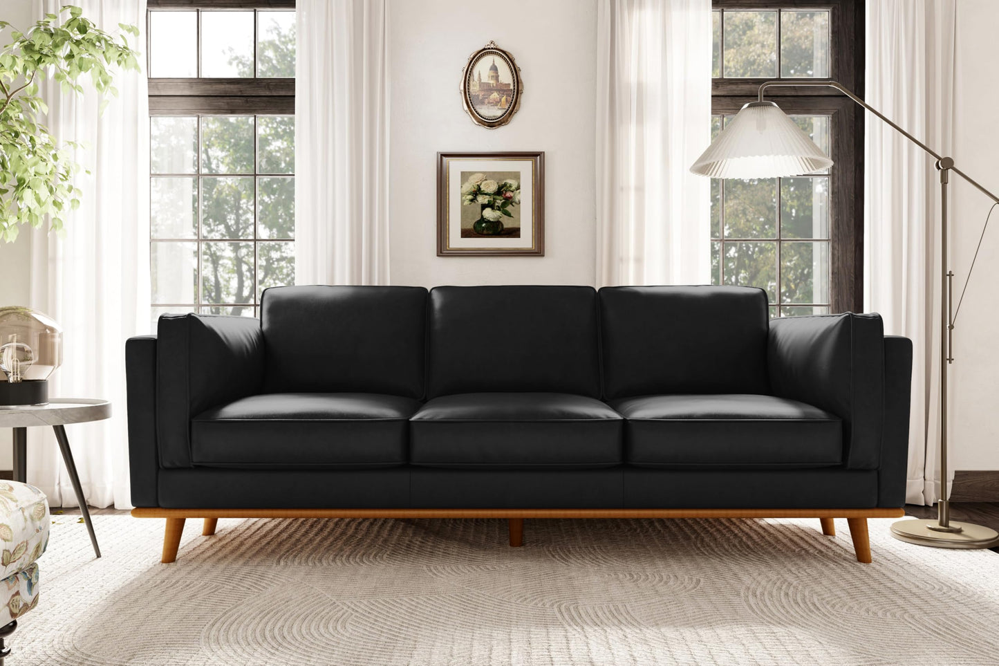 Valencia Artisan Full Leather Sofa 88” | Pure Full Italian Nappa Leather Couch, Solid Wood Accent, Ultimate Comfort, Black