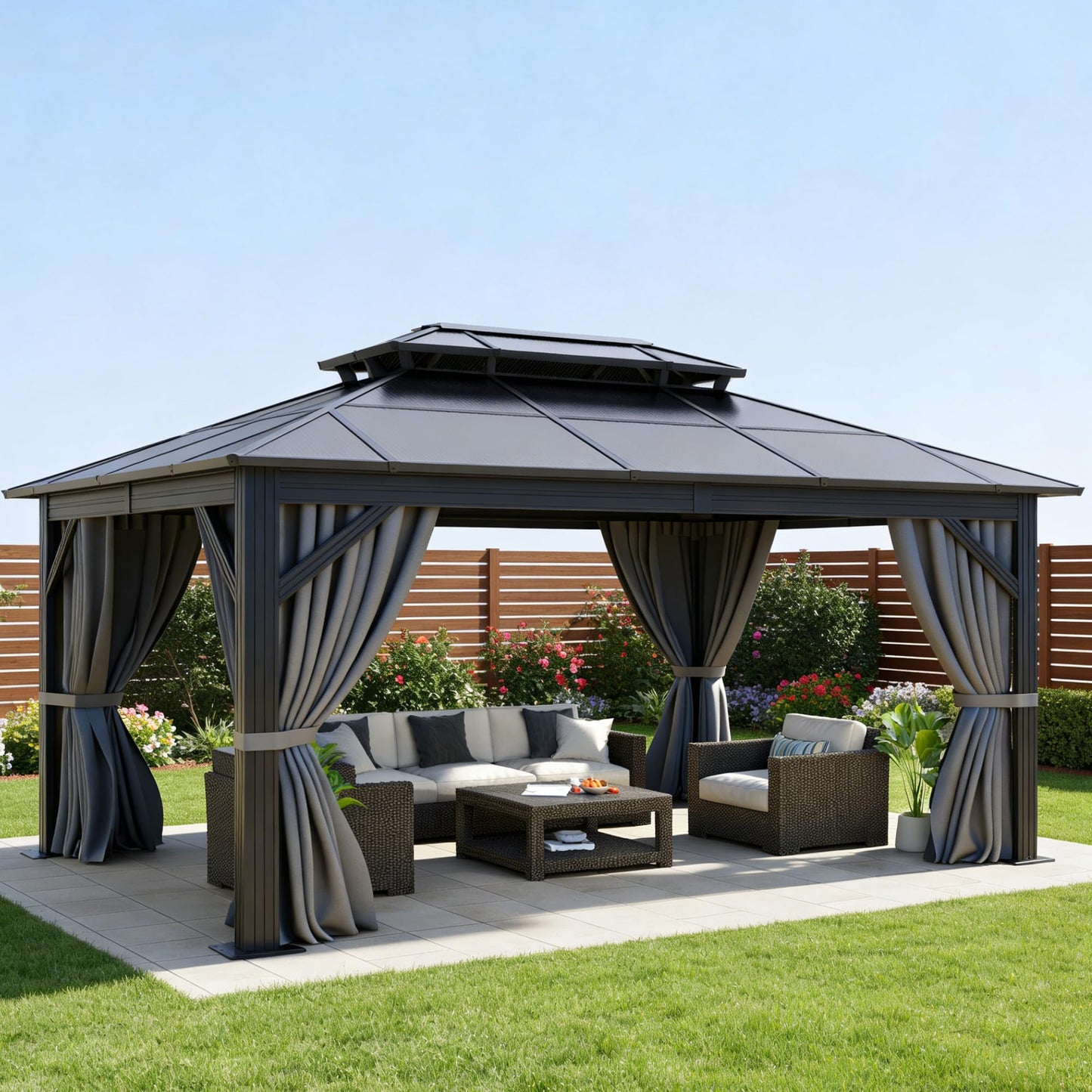 DWVO 10x12ft Gazebo Hardtop Double Roof Polycarbonate Canopy Outdoor with Netting and Shaded Curtains, Metal Frame Garden Tent for Patio, Backyard, Deck and Lawns, Gray