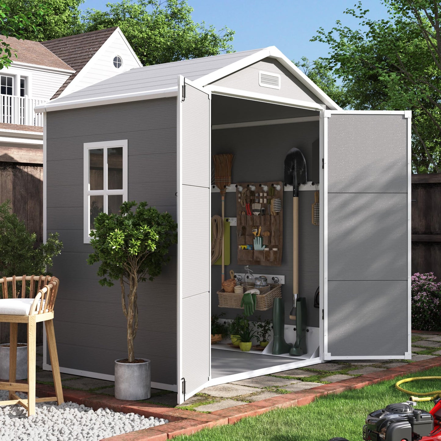 UDPATIO Outdoor Resin Storage Shed 6x4 FT, Plastic Garden Shed for Bike, Garbage Can, Tool, Outside Sheds with Lockable Door for Backyard, Patio, Lawn, Grey & White