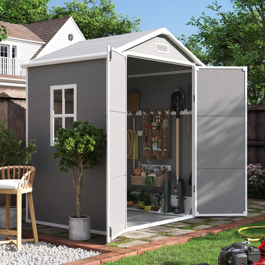 UDPATIO Outdoor Resin Storage Shed 6x4 FT, Plastic Garden Shed for Bike, Garbage Can, Tool, Outside Sheds with Lockable Door for Backyard, Patio, Lawn, Grey & White
