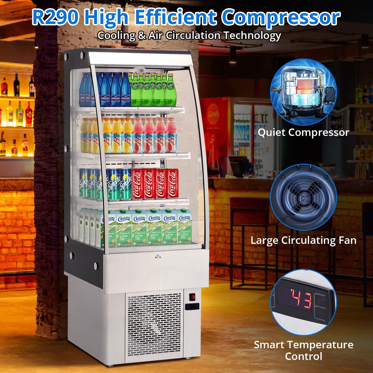 Professional 8.8 Cu.Ft Commercial Display Refrigerator Merchandiser, 3-Tier Air Curtain Fridge with LED Lights, 4 Swivel Wheels & Adjustable Shelves for Restaurants, Convenience Stores & Cafes
