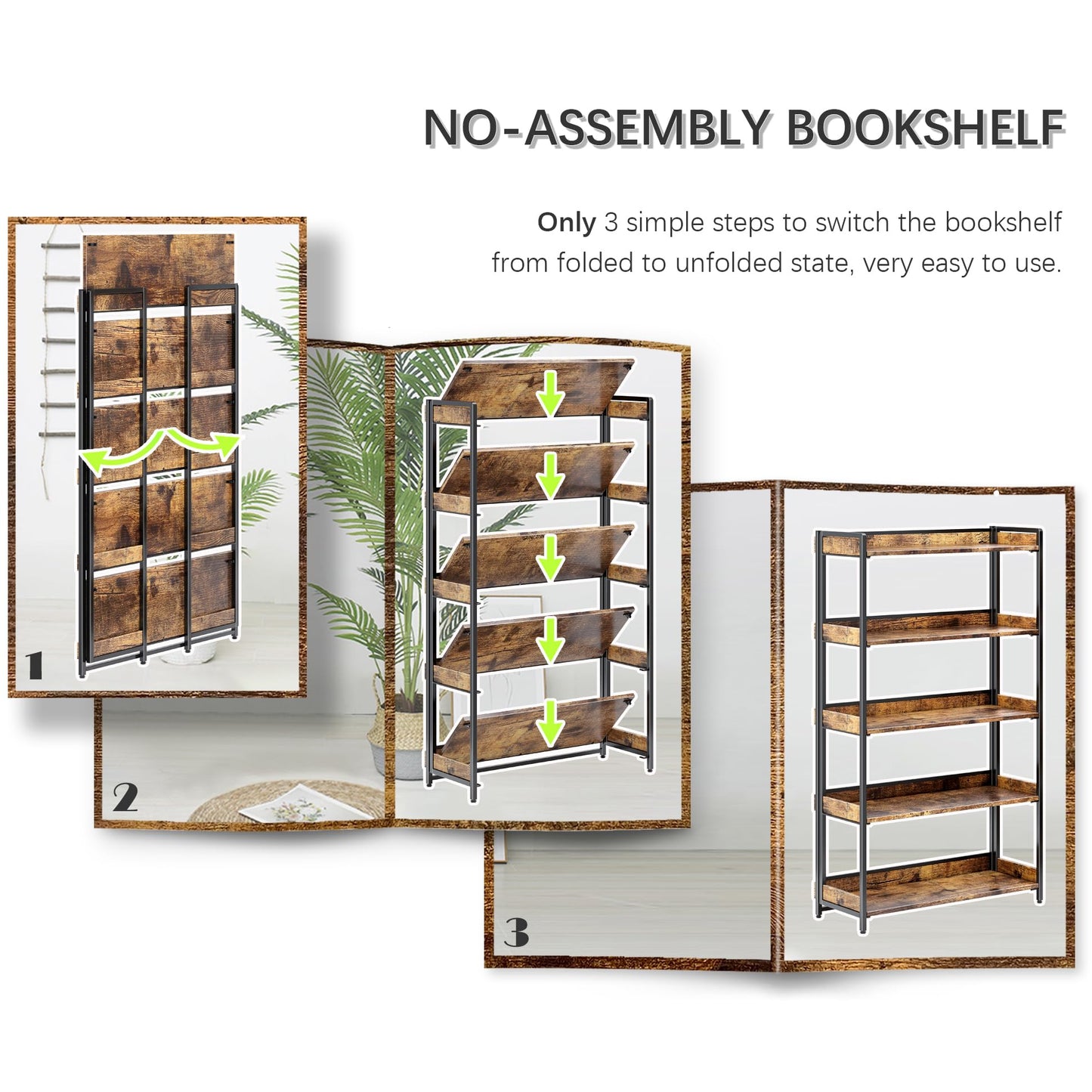 4NM Extra Wdie No Assembly Folding Bookshelf, 64.3" H x 30.9" W, 5 Tier Collapsible Book Shelf Bookcase Foldable Shelves for Bedroom Living Room Home Office - Rustic Brown & Black
