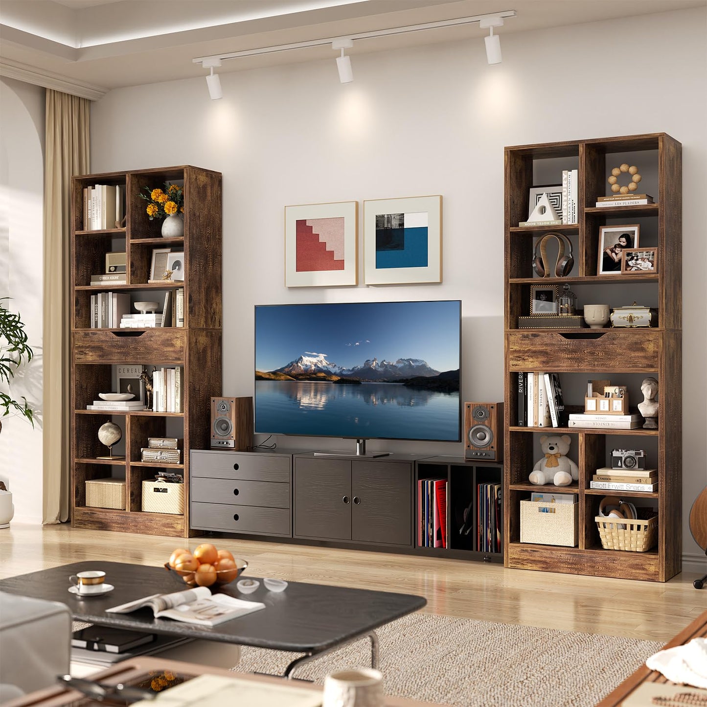 Armocity 8-Tier Tall Bookshelf with Drawer, 73.6" Narrow Freestanding Bookcase, Space-Saving Wood Display Shelves Storage for Living Room, Home Office Bedroom, Rustic Brown
