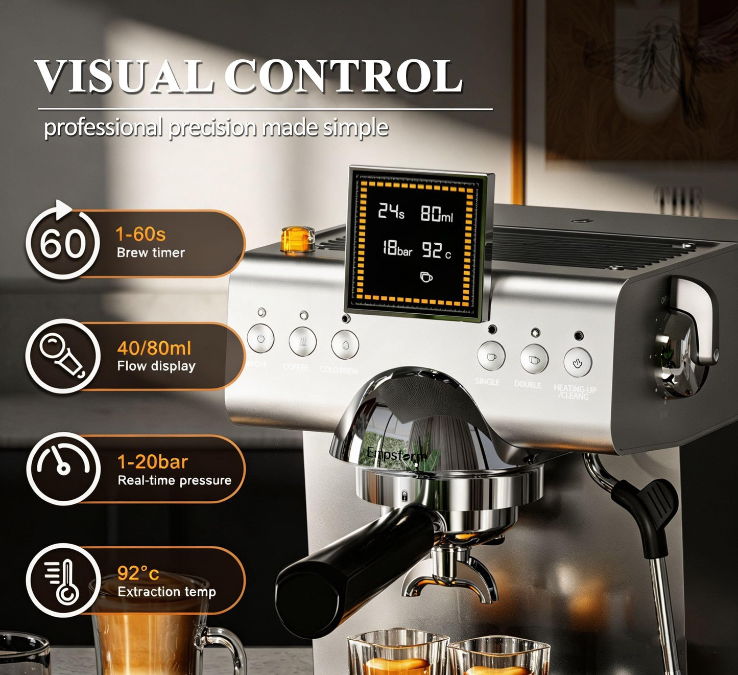 20 Bar Espresso Machine with Milk Frother Steam, Compact Stainless Steel Espresso maker with LED Display Cold Brew & Hot Coffee Maker, Professional Cappuccino Expresso Machine for Home and Office