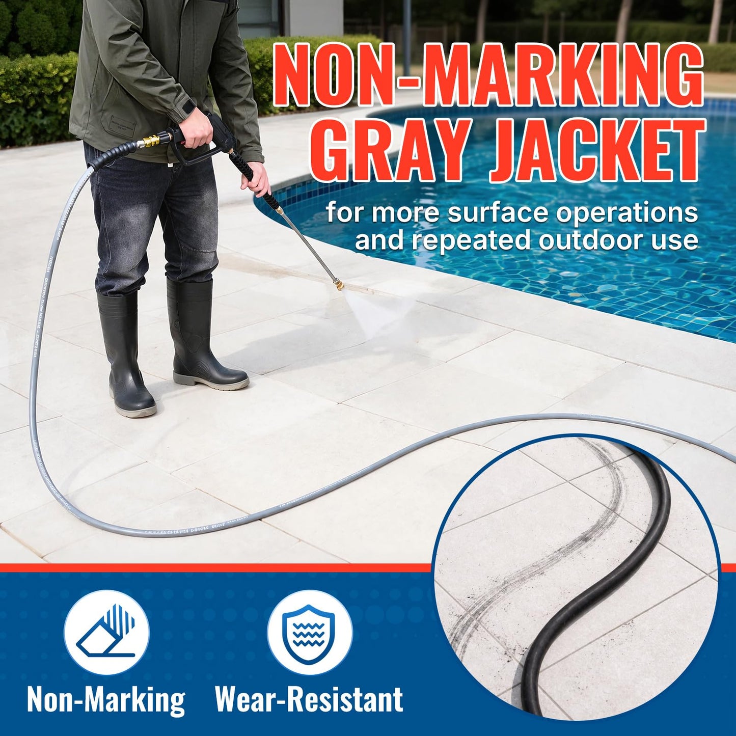YAMATIC 3/8" Pressure Washer Hose 125 FT, 4200 PSI Working 13000 PSI Burst, 3/8" Swivel Quick Connects, 15°F to 250°F Hot & Cold Water Rubber Hose, Non-Marking Gray Jacket, M22 14mm Adapters Included
