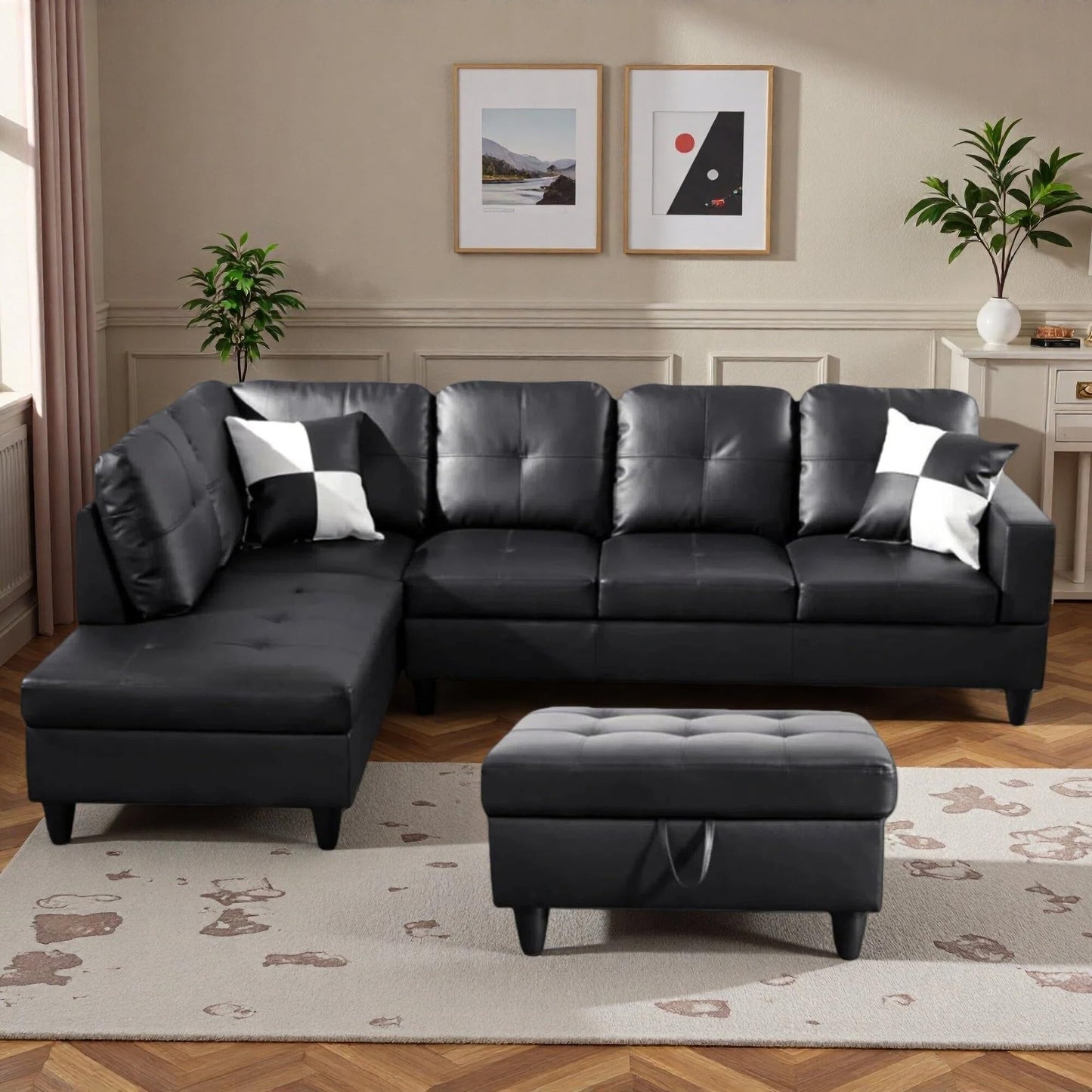 Trygoal 103.5" Sectional Couches for Living Room, Leather 4 Seat L Shaped Couch with Chaise, 3-Piece Modular Sofa with Storage Ottoman, Home Furniture Sets for Apartment Office, Black