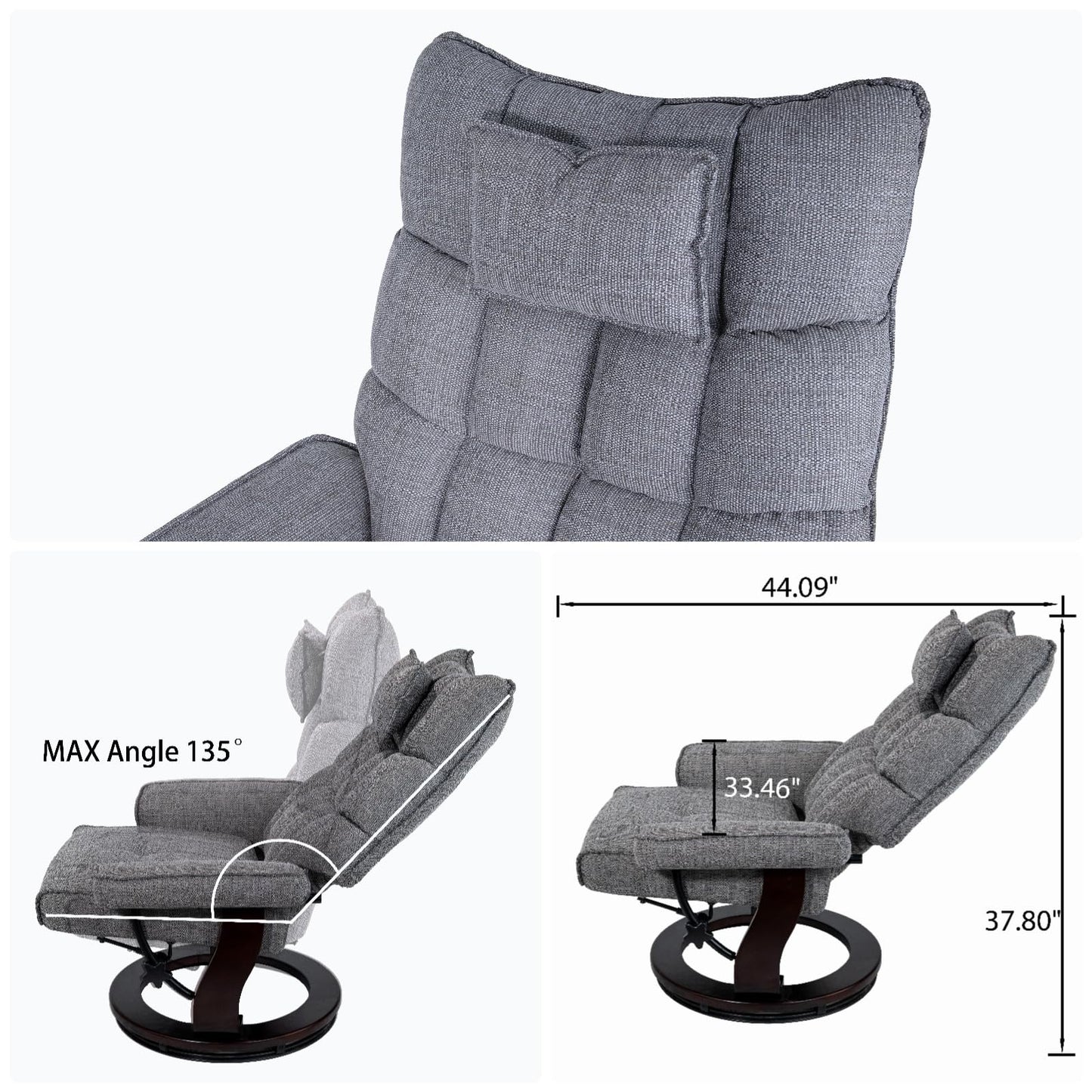 Trygoal Massage Recliner Chair with Ottoman, 360° Swivel Ergonomic Chenille Reclining with 8 Vibration & Heating Points, 135° Lounge TV Chair with Bent Wood Base & Headrest for Living Room, Grey