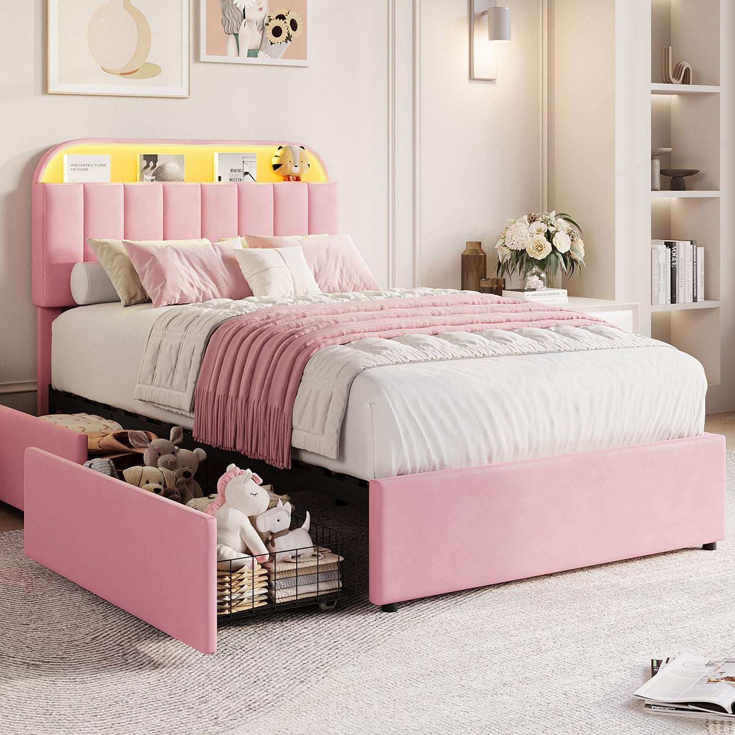 GarveeHome Twin Bed Frame with Storage Headboard, Kids Bed Frame with 2 Drawers, Velvet Upholstered Platform Bed Frame with Lights, No Box Spring Needed, Easy Assembly, Velvet Pink