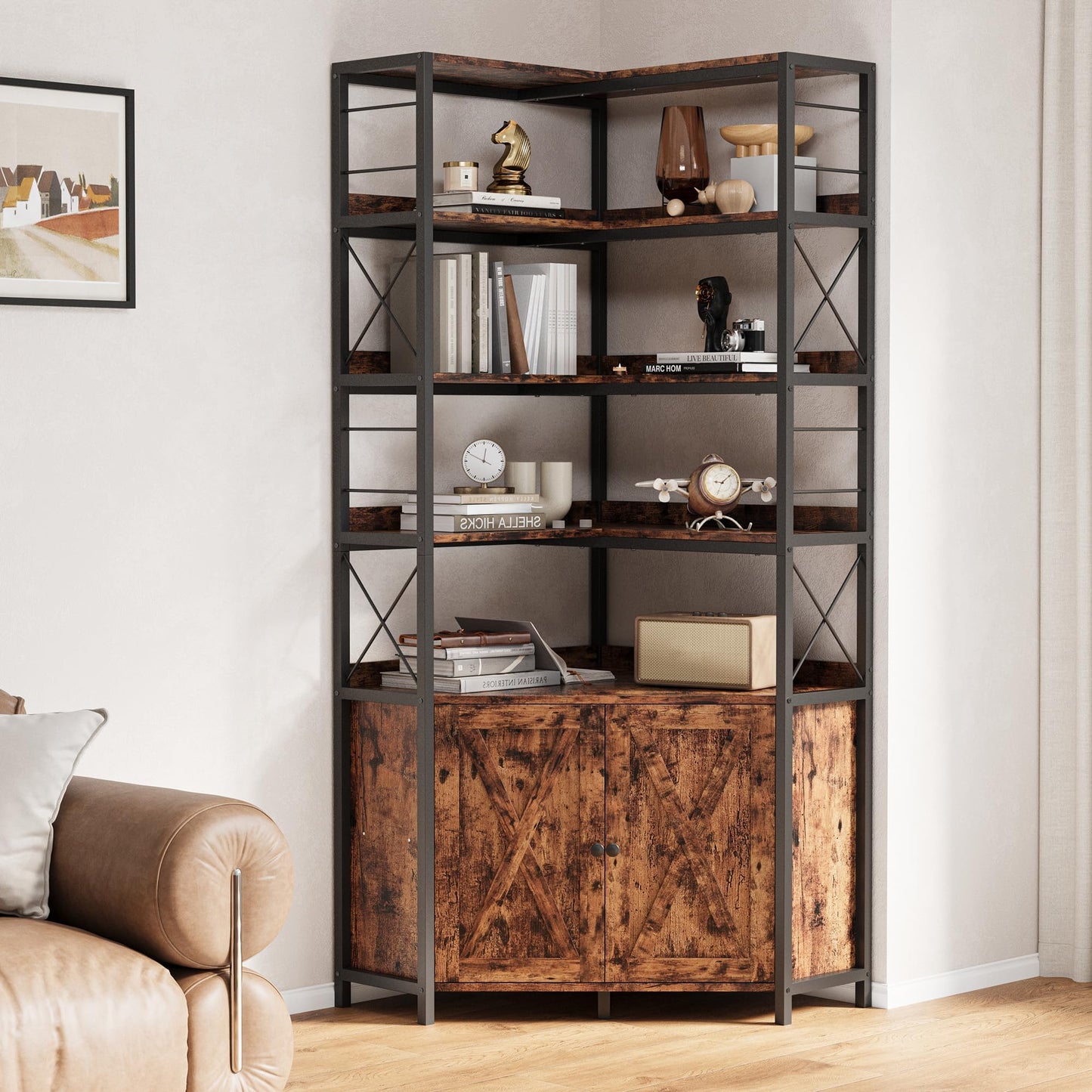 IRONCK Bookshelf with Doors, 6 Tier Corner Bookcase with Storage Cabinet, 30.7 in Depth L Shaped Book Shelf with Baffles, Farmhouse Corner Display Shelf for Living Room Home Office