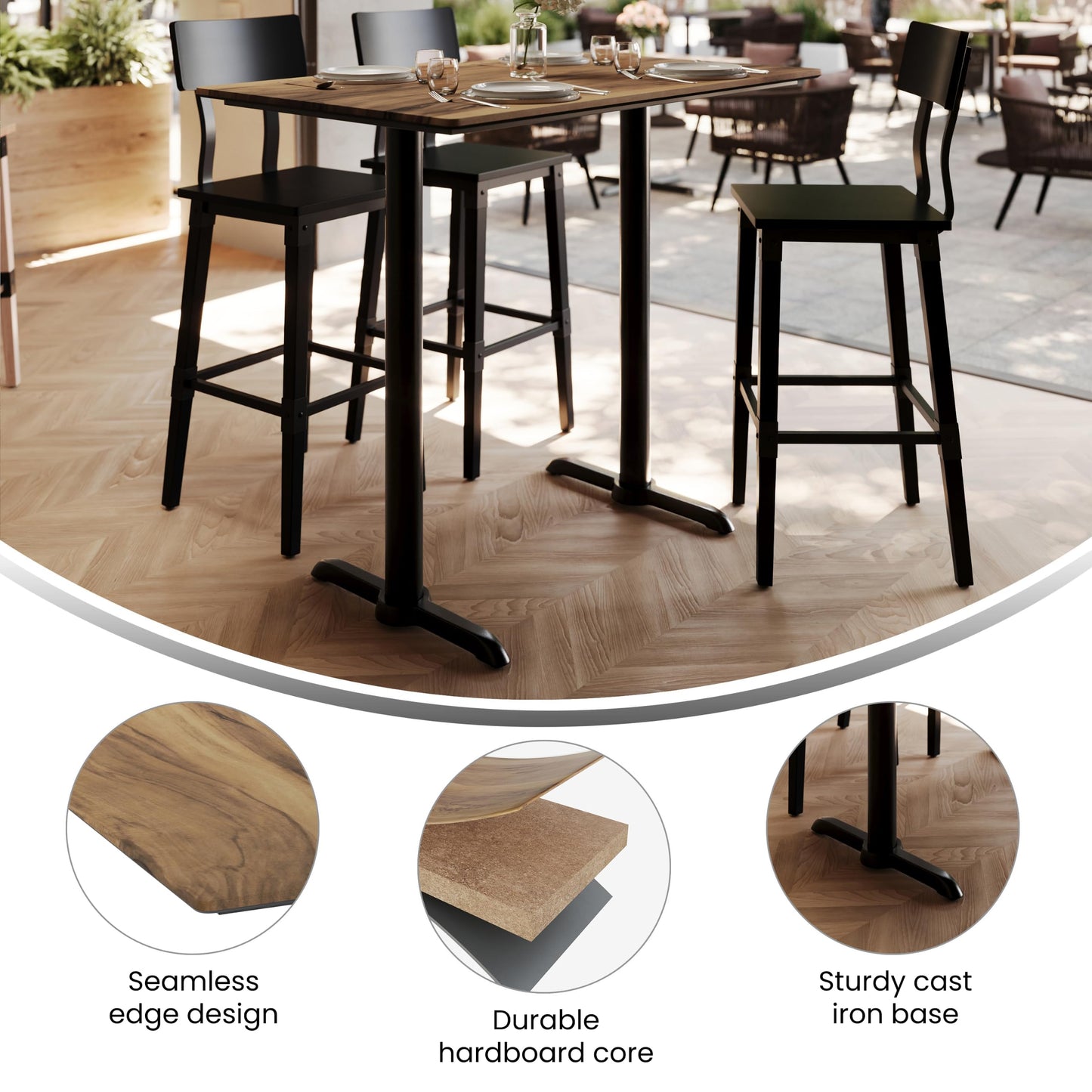 Flash Furniture TopGuard 48" x 30" Indoor Natural Tabletop with Dual 5" x 22" Black Bar Height T-Bases, Seamless TopGuard HPL Top and Edge