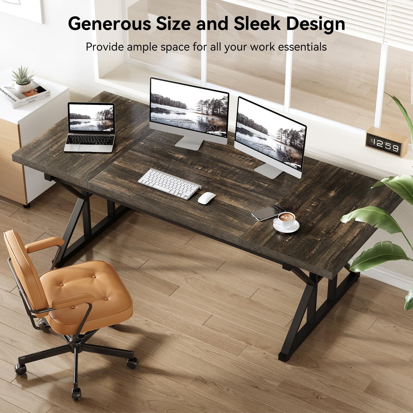 LITTLE TREE 70.8-Inch Large Executive Desk, Extra Long Computer Office Desk Workstation, Modern Simple Style Laptop Table, Sturdy Wooden Writing Workstation for Home Black Oak