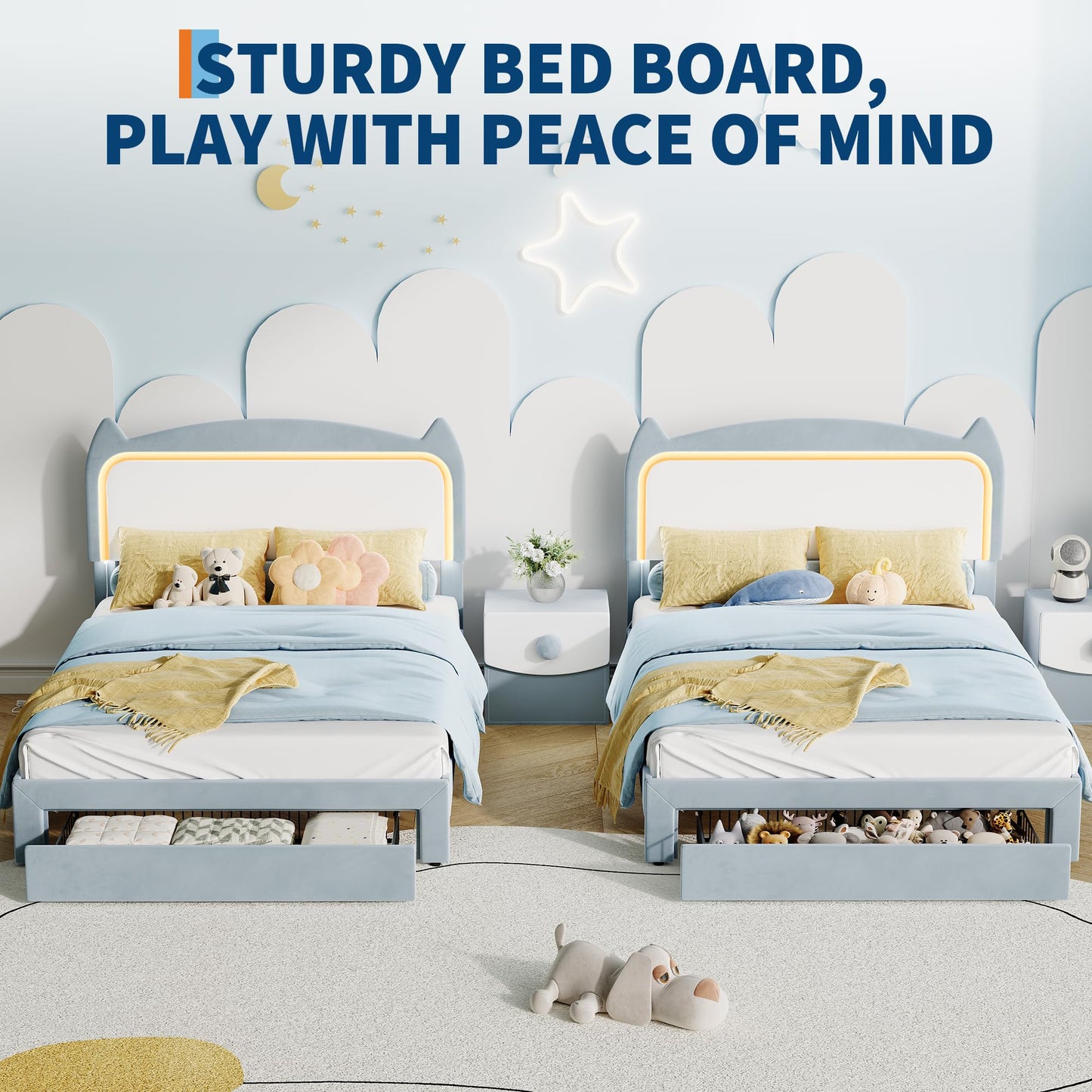 Garvee Full Size Bed Frame with Storage Drawer and Cat Headboard, Platform Bed Frame with RGB LED Lights, Strong Wood Slats Support, Noise Free, No Box Spring Needed, Easy Assembly, Blue and White